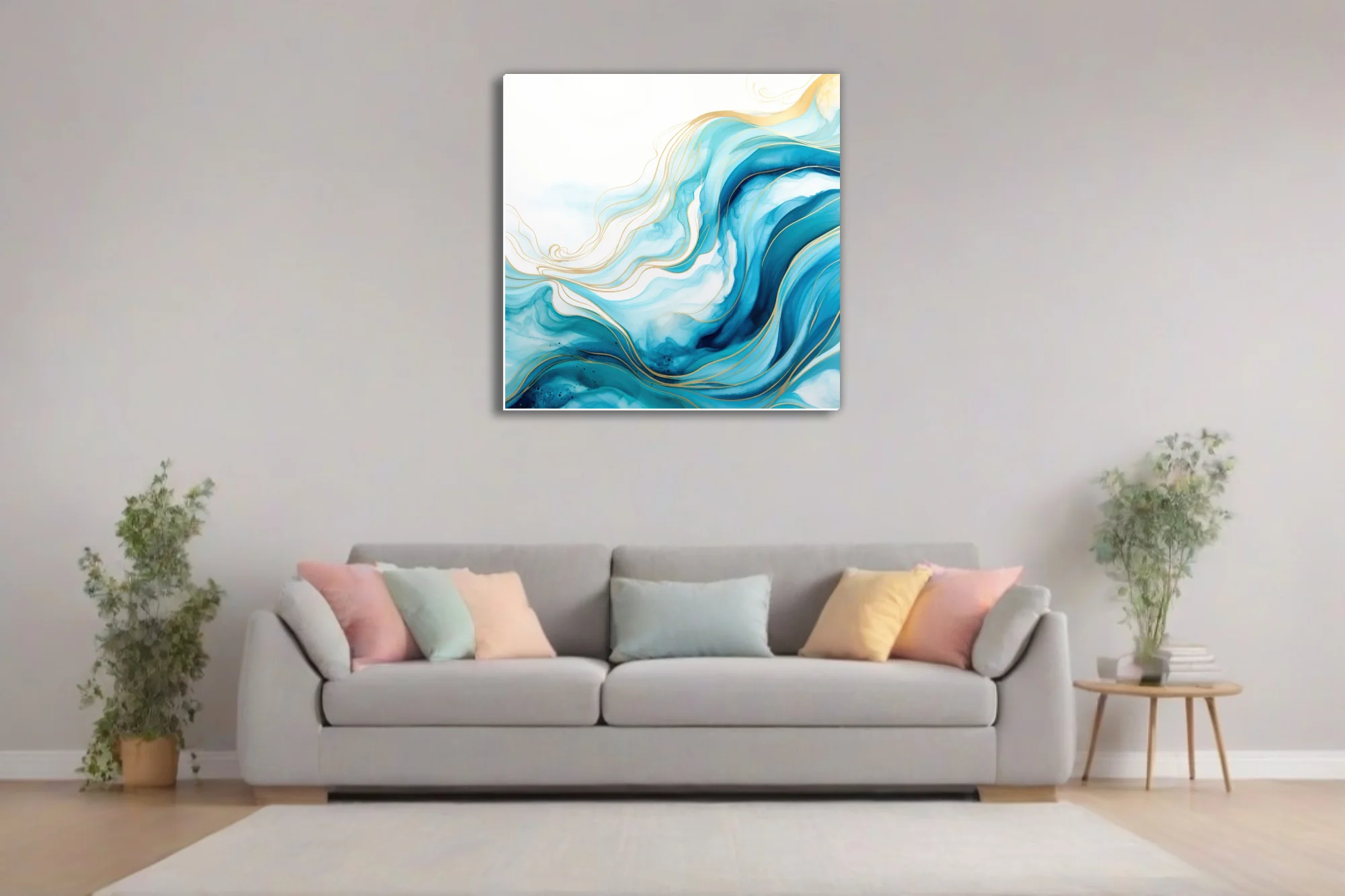 Abstract fluid art with teal waves and gold line accents on white background