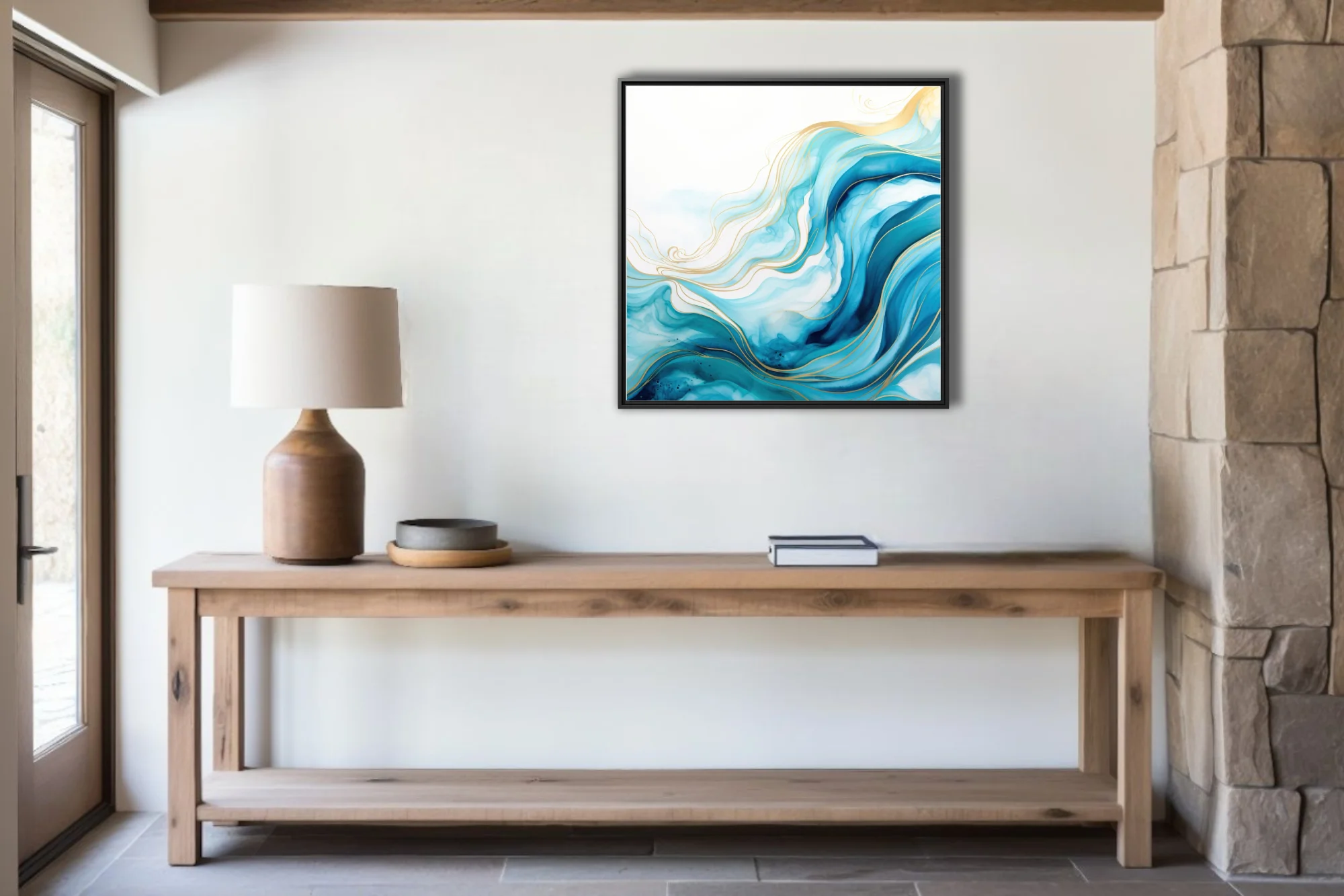 Abstract fluid art with teal waves and gold line accents on white background