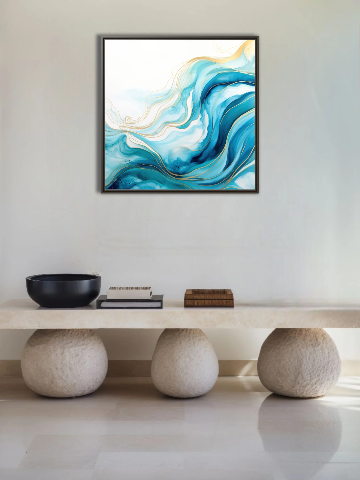 Abstract fluid art with teal waves and gold line accents on white background