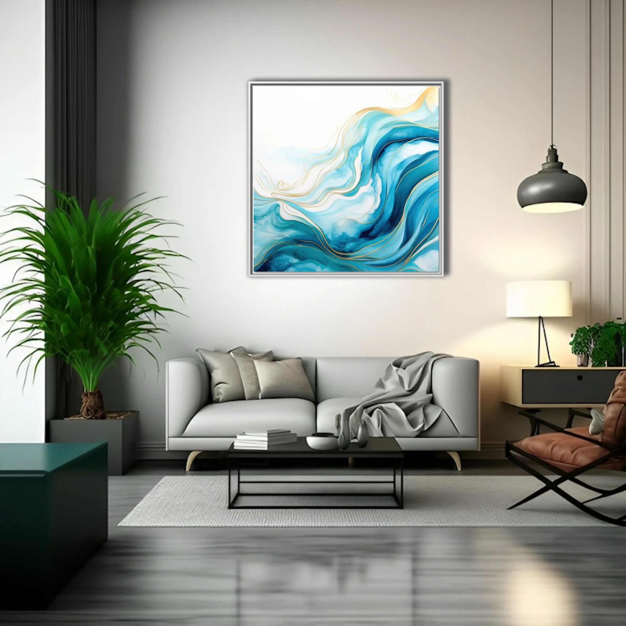 Abstract fluid art with teal waves and gold line accents on white background