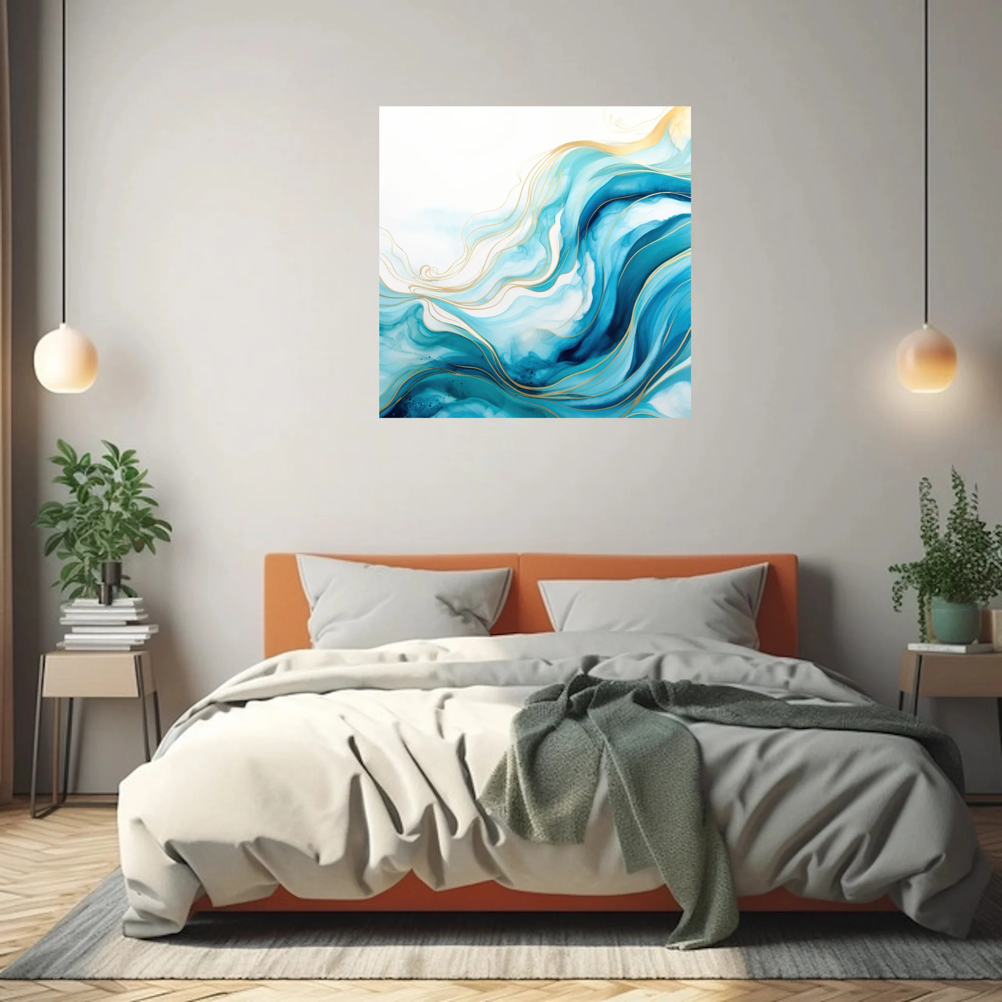 Abstract fluid art with teal waves and gold line accents on white background