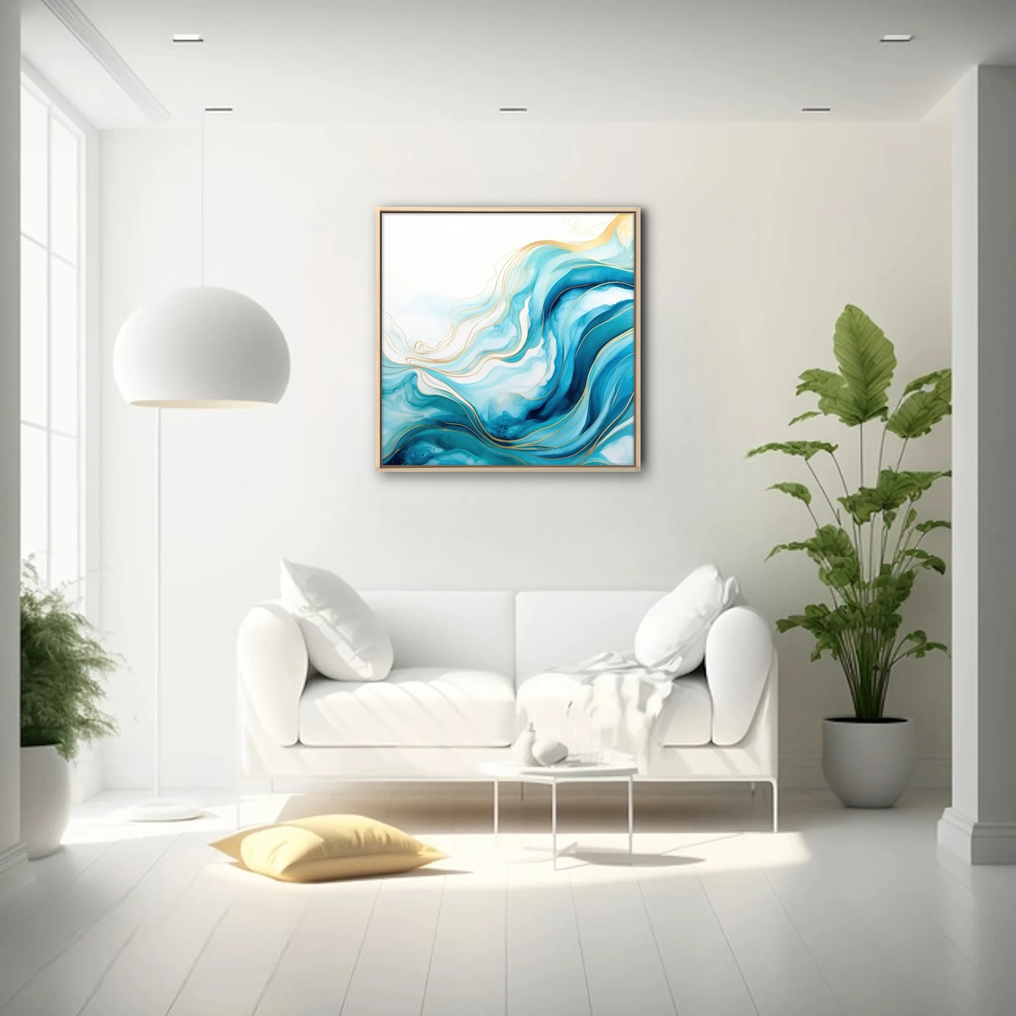 Abstract fluid art with teal waves and gold line accents on white background