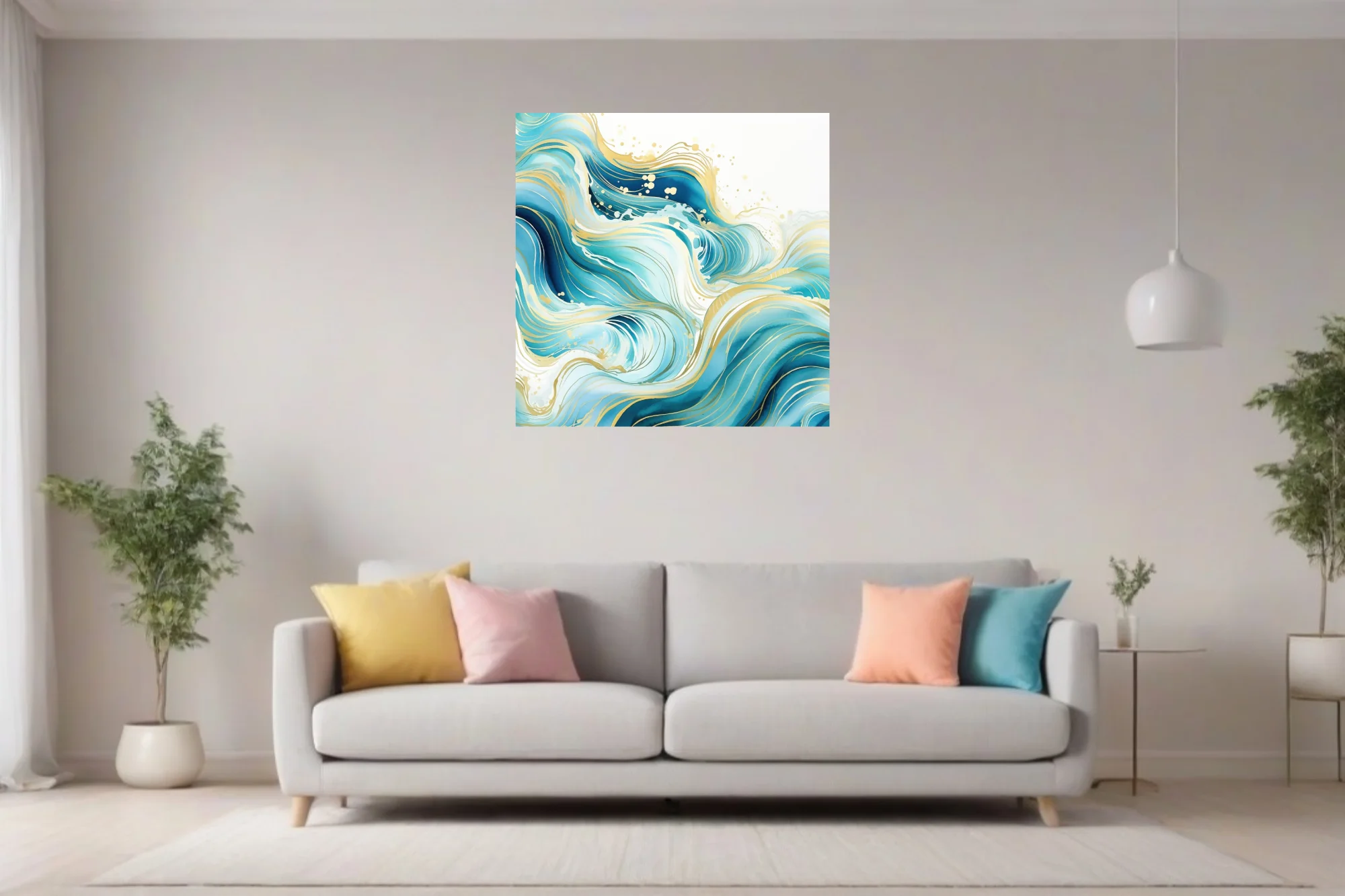 Abstract teal ocean waves with gold line detail, watercolor-style wall art