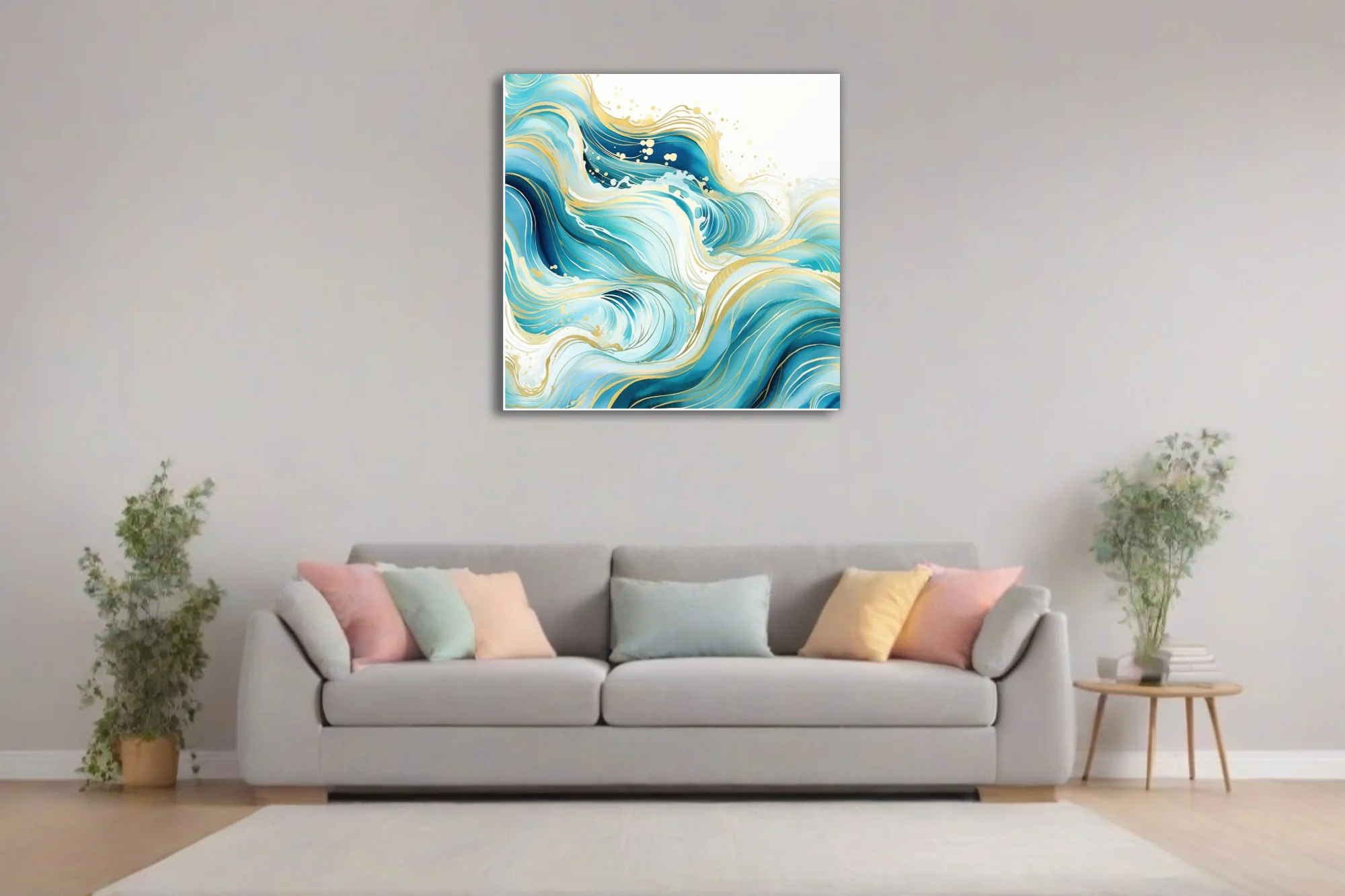 Abstract teal ocean waves with gold line detail, watercolor-style wall art