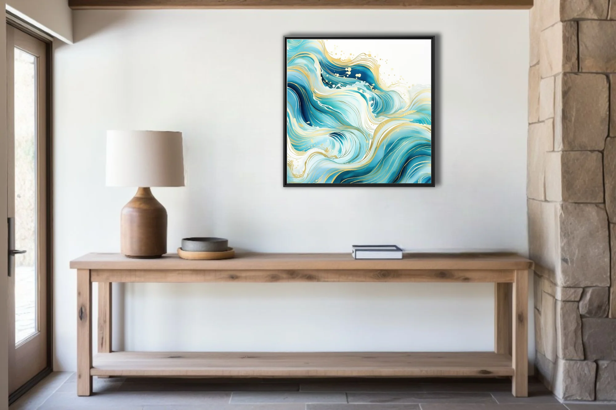 Abstract teal ocean waves with gold line detail, watercolor-style wall art