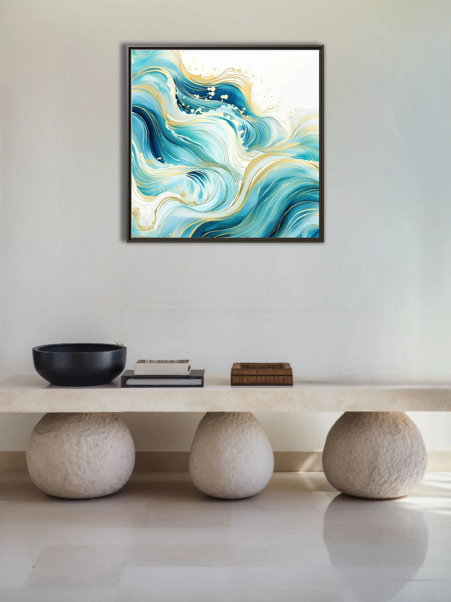 Abstract teal ocean waves with gold line detail, watercolor-style wall art