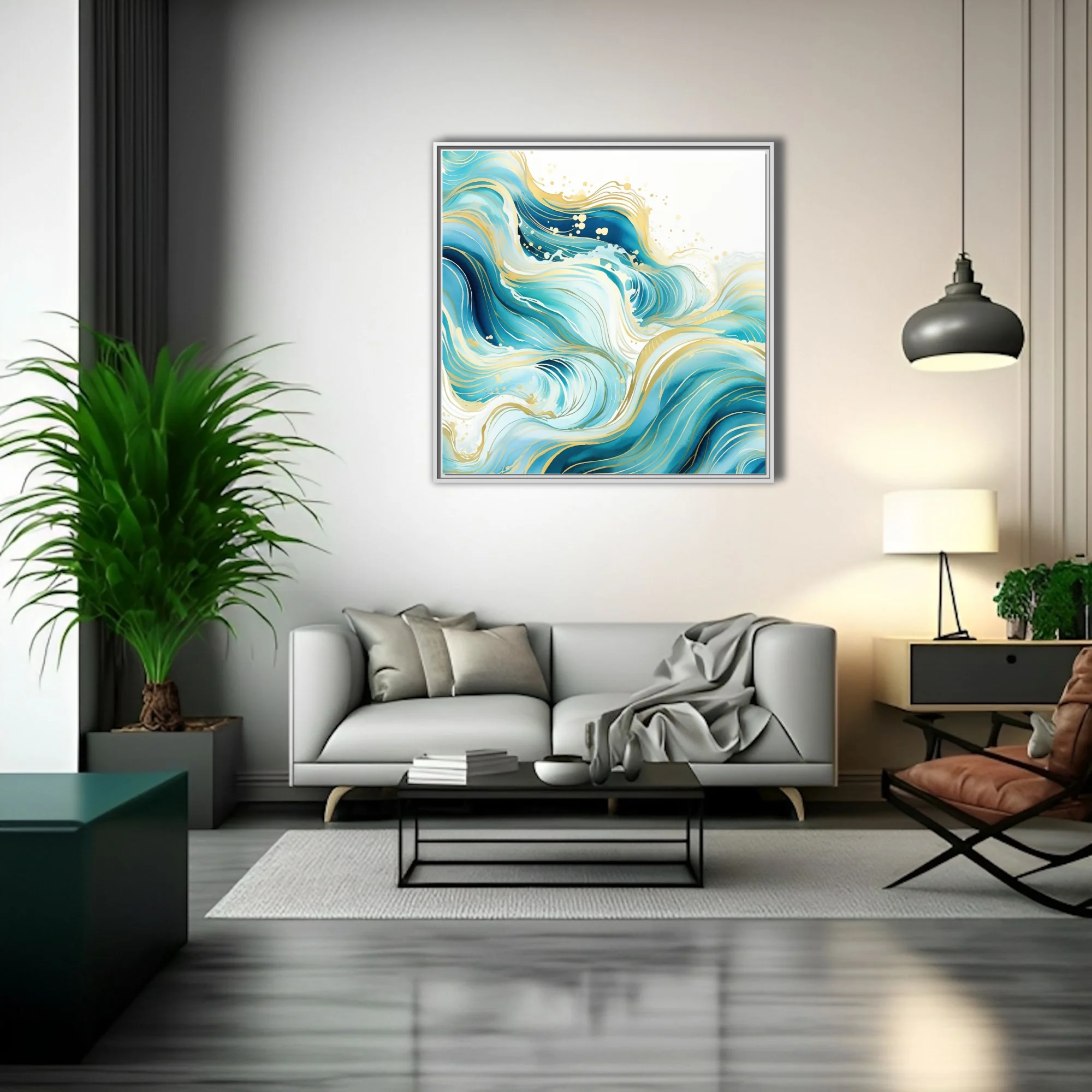 Abstract teal ocean waves with gold line detail, watercolor-style wall art
