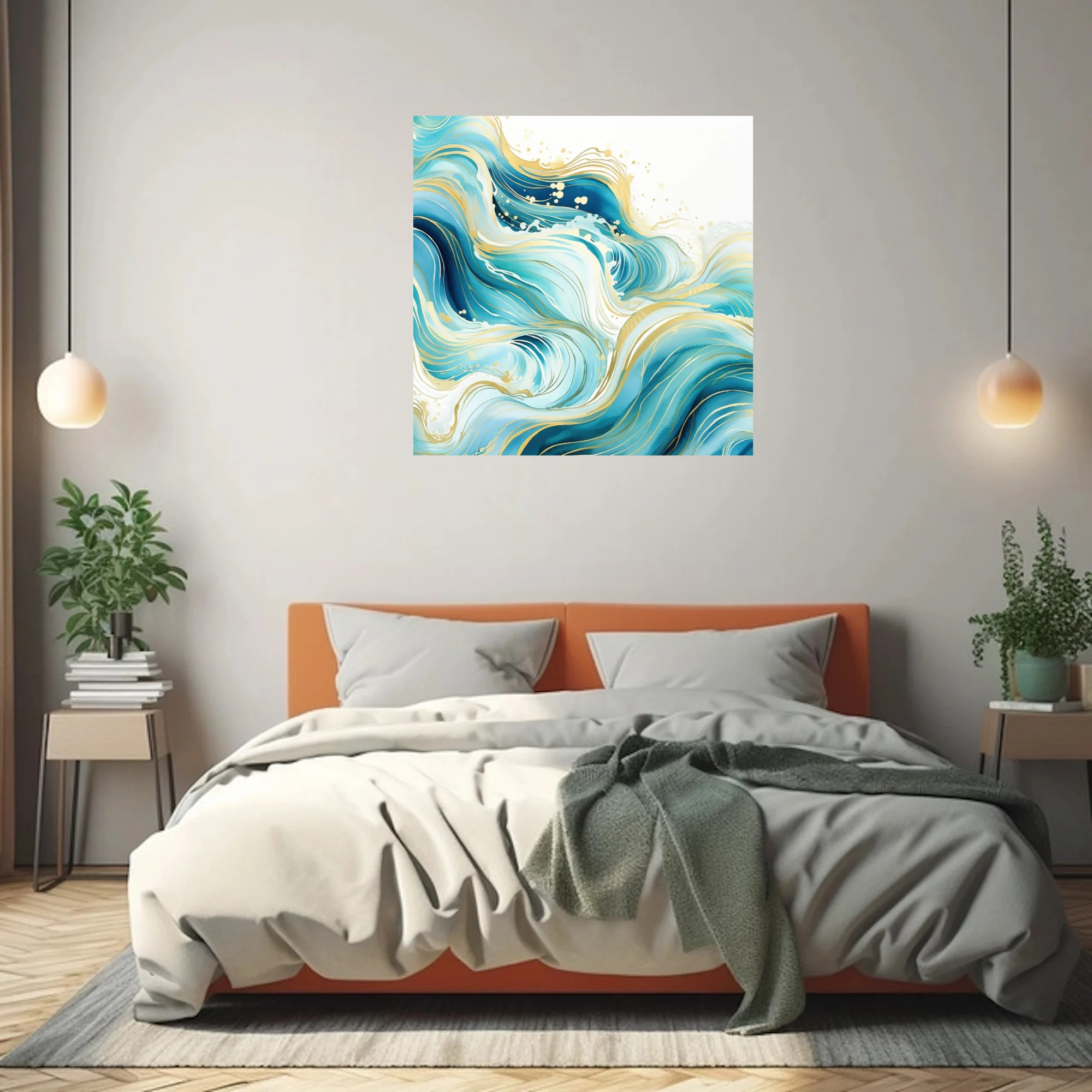 Abstract teal ocean waves with gold line detail, watercolor-style wall art