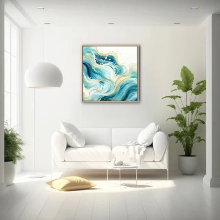 Abstract teal ocean waves with gold line detail, watercolor-style wall art