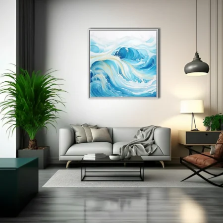 Watercolor-style abstract ocean waves in layered aqua and cerulean tones