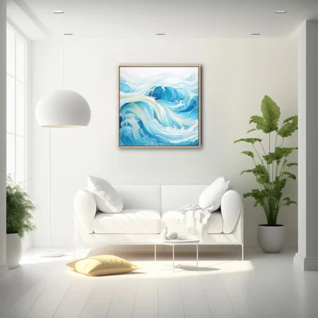 Watercolor-style abstract ocean waves in layered aqua and cerulean tones
