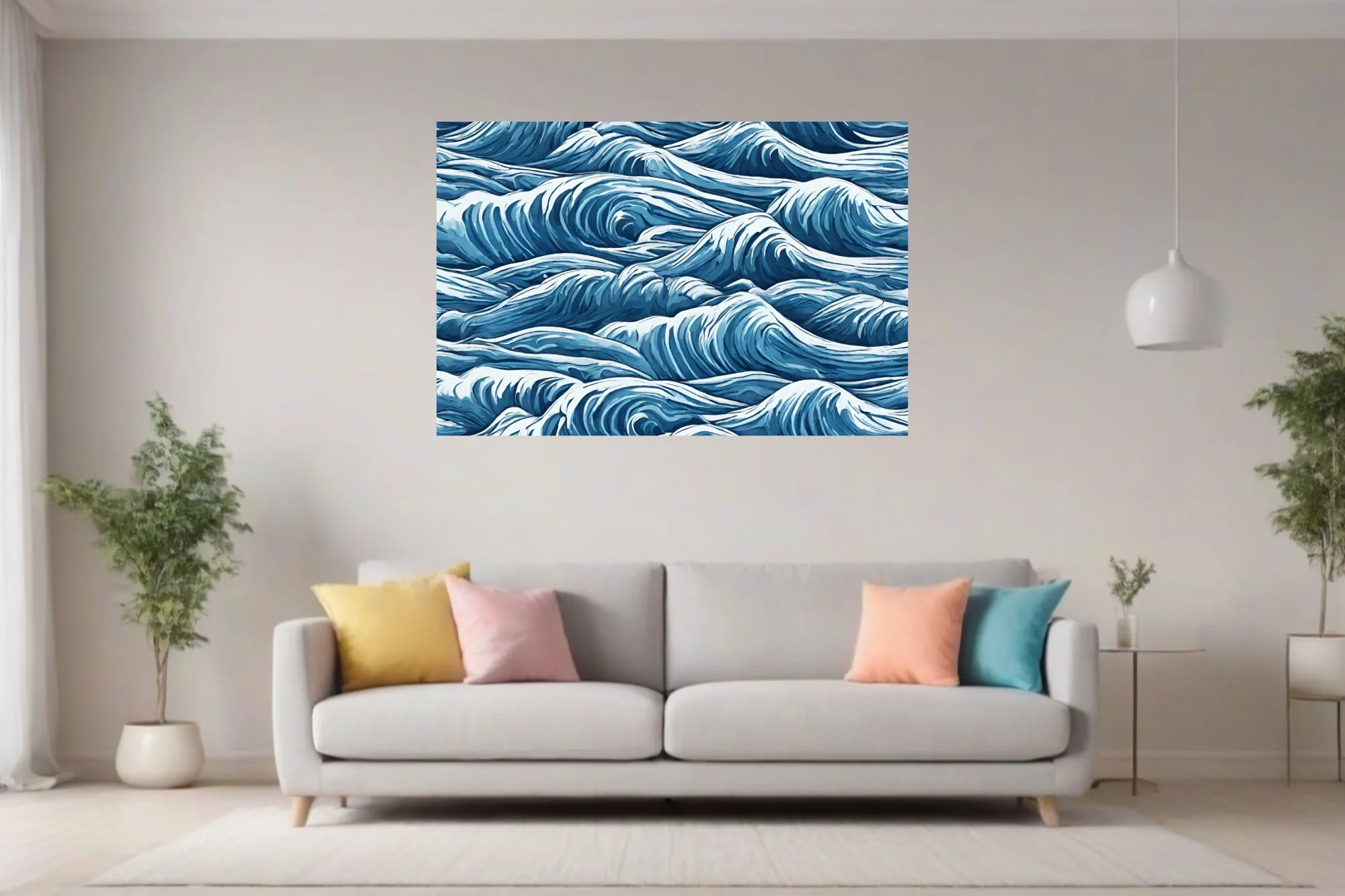 Bold graphic-style abstract ocean waves in deep blue and white, swirling turbulent pattern