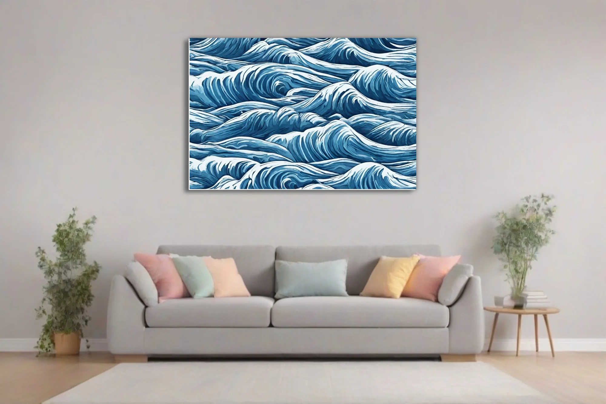 Bold graphic-style abstract ocean waves in deep blue and white, swirling turbulent pattern