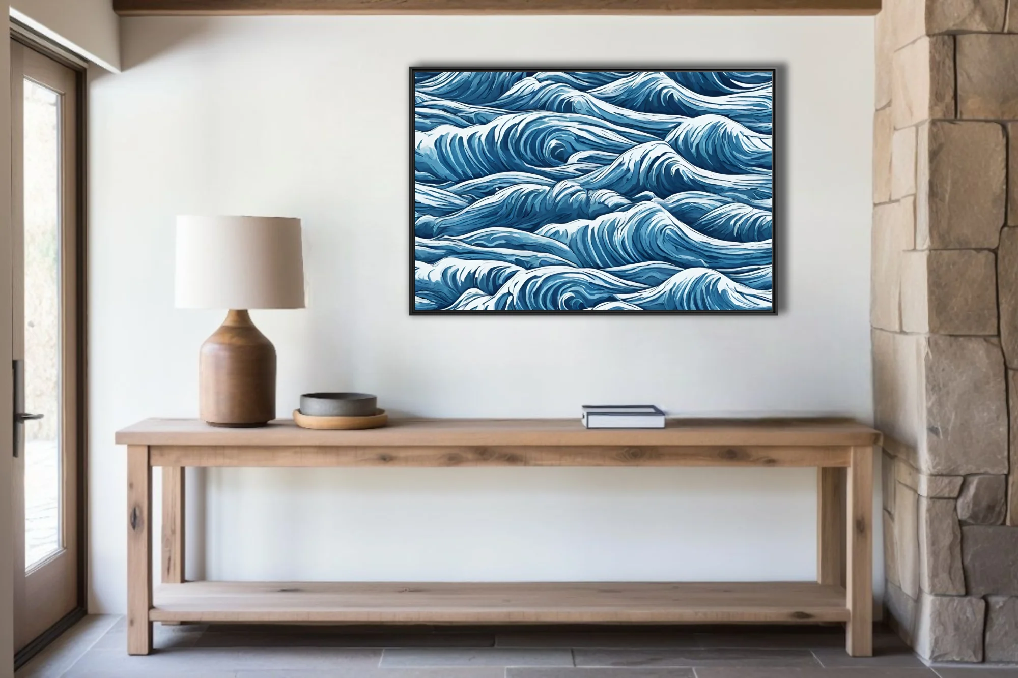 Bold graphic-style abstract ocean waves in deep blue and white, swirling turbulent pattern