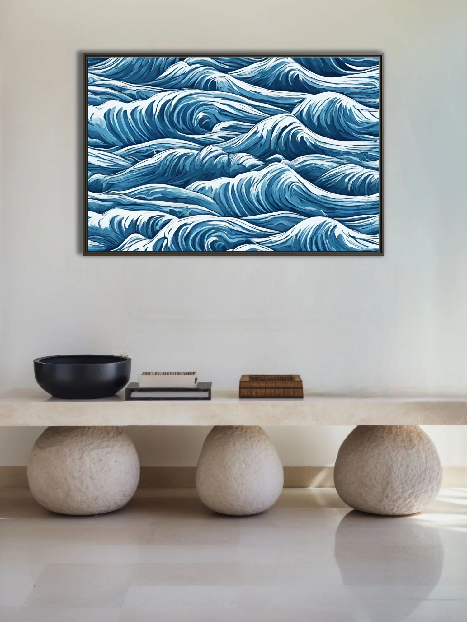 Bold graphic-style abstract ocean waves in deep blue and white, swirling turbulent pattern