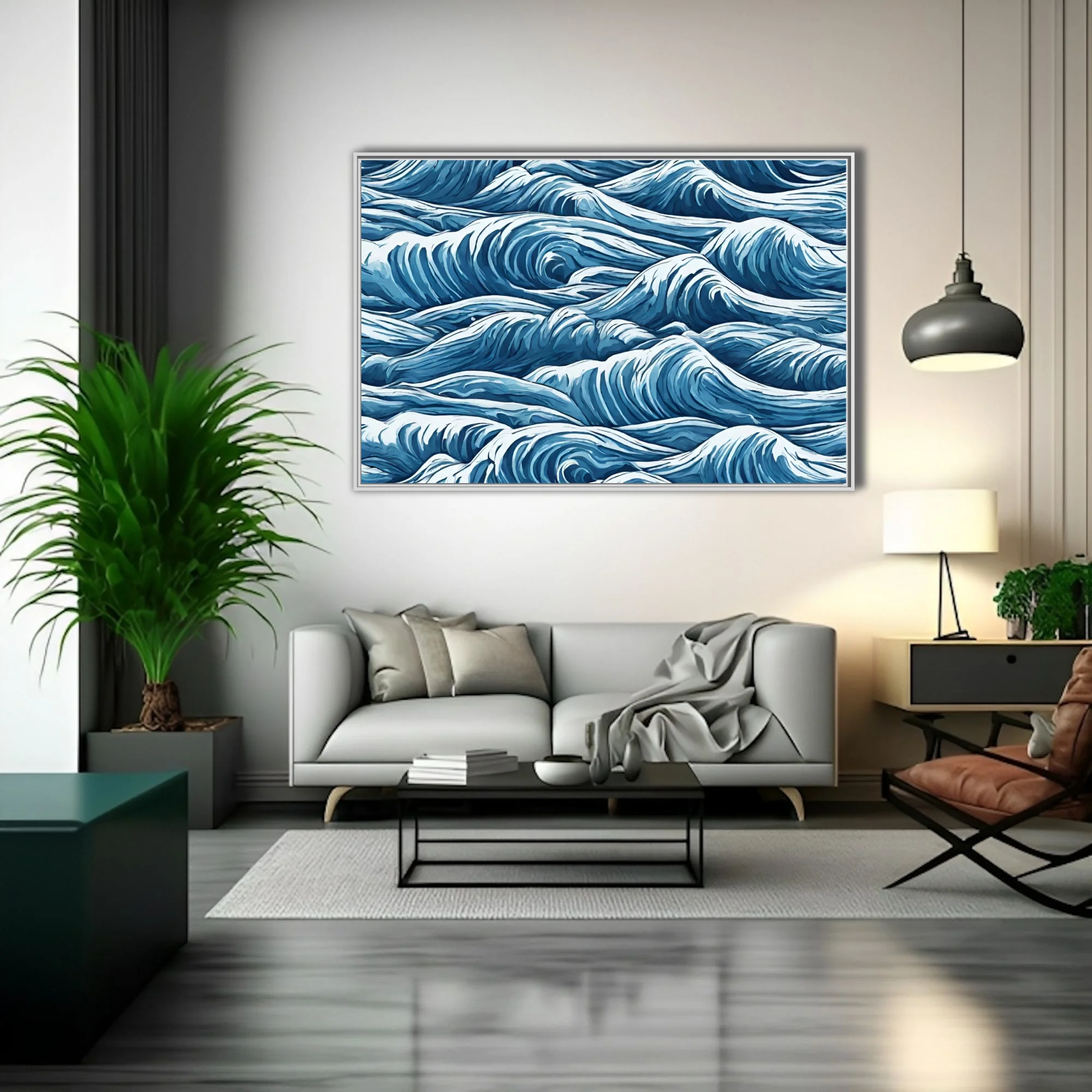 Bold graphic-style abstract ocean waves in deep blue and white, swirling turbulent pattern