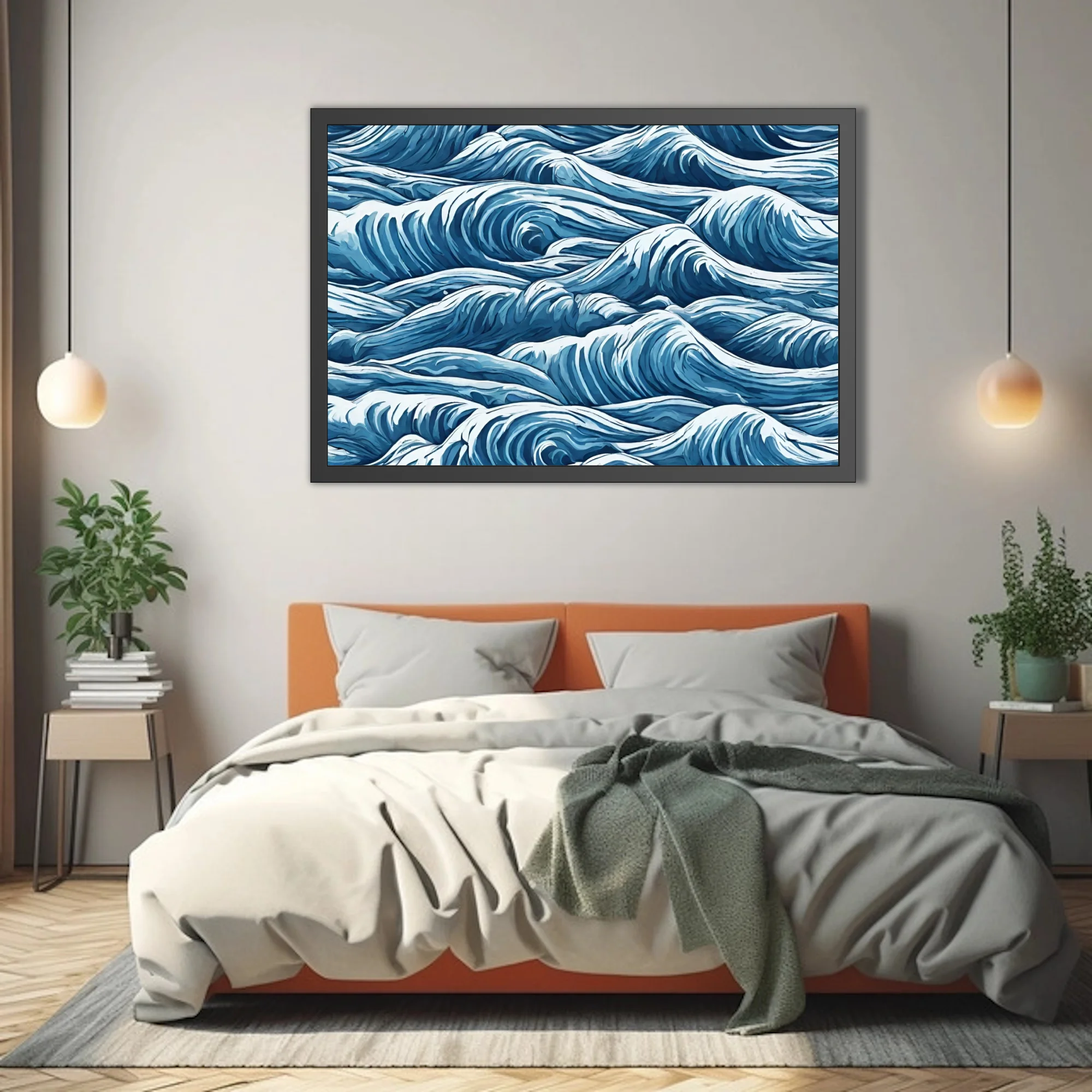 Bold graphic-style abstract ocean waves in deep blue and white, swirling turbulent pattern