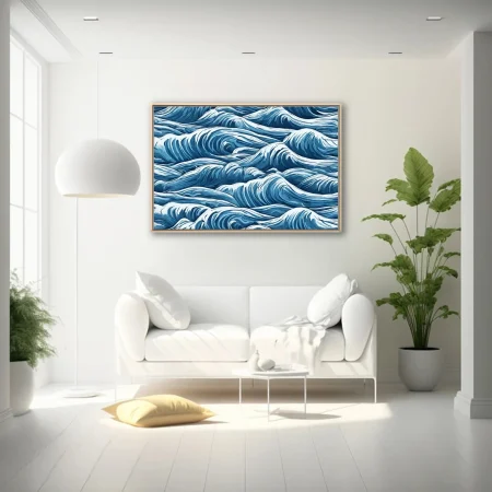 Bold graphic-style abstract ocean waves in deep blue and white, swirling turbulent pattern