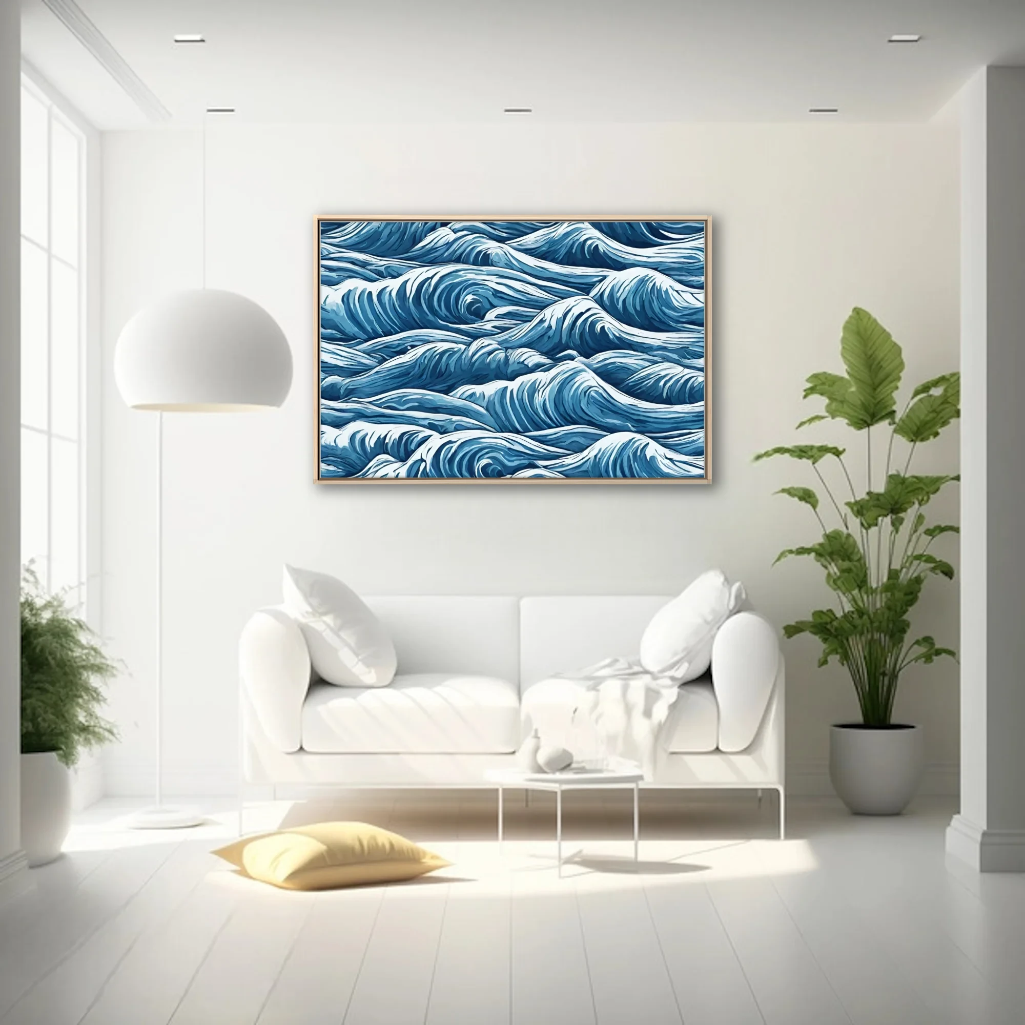 Bold graphic-style abstract ocean waves in deep blue and white, swirling turbulent pattern