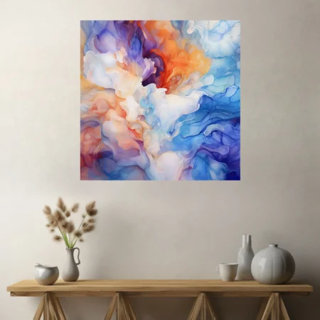 Abstract fluid watercolor-style art with swirling orange, cobalt blue, and purple washes