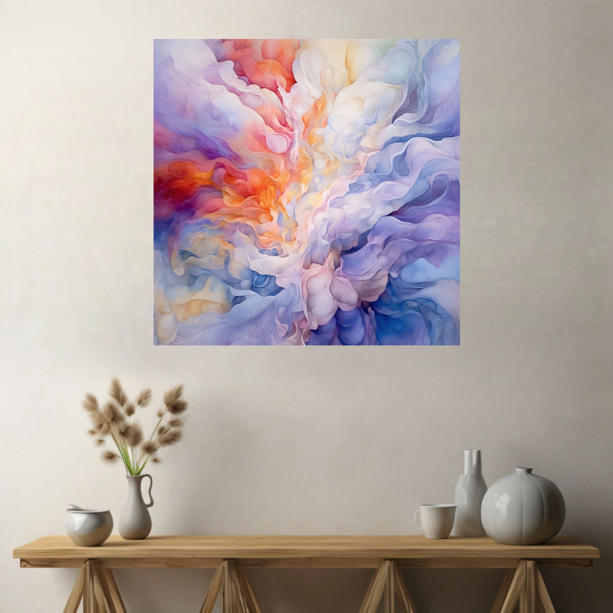 Abstract swirling smoke in pastel coral, lavender and blue, contemporary watercolor-style wall art