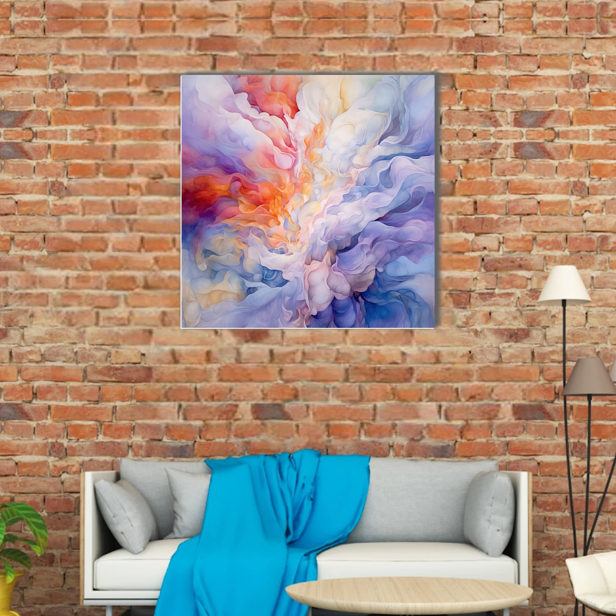 Abstract swirling smoke in pastel coral, lavender and blue, contemporary watercolor-style wall art
