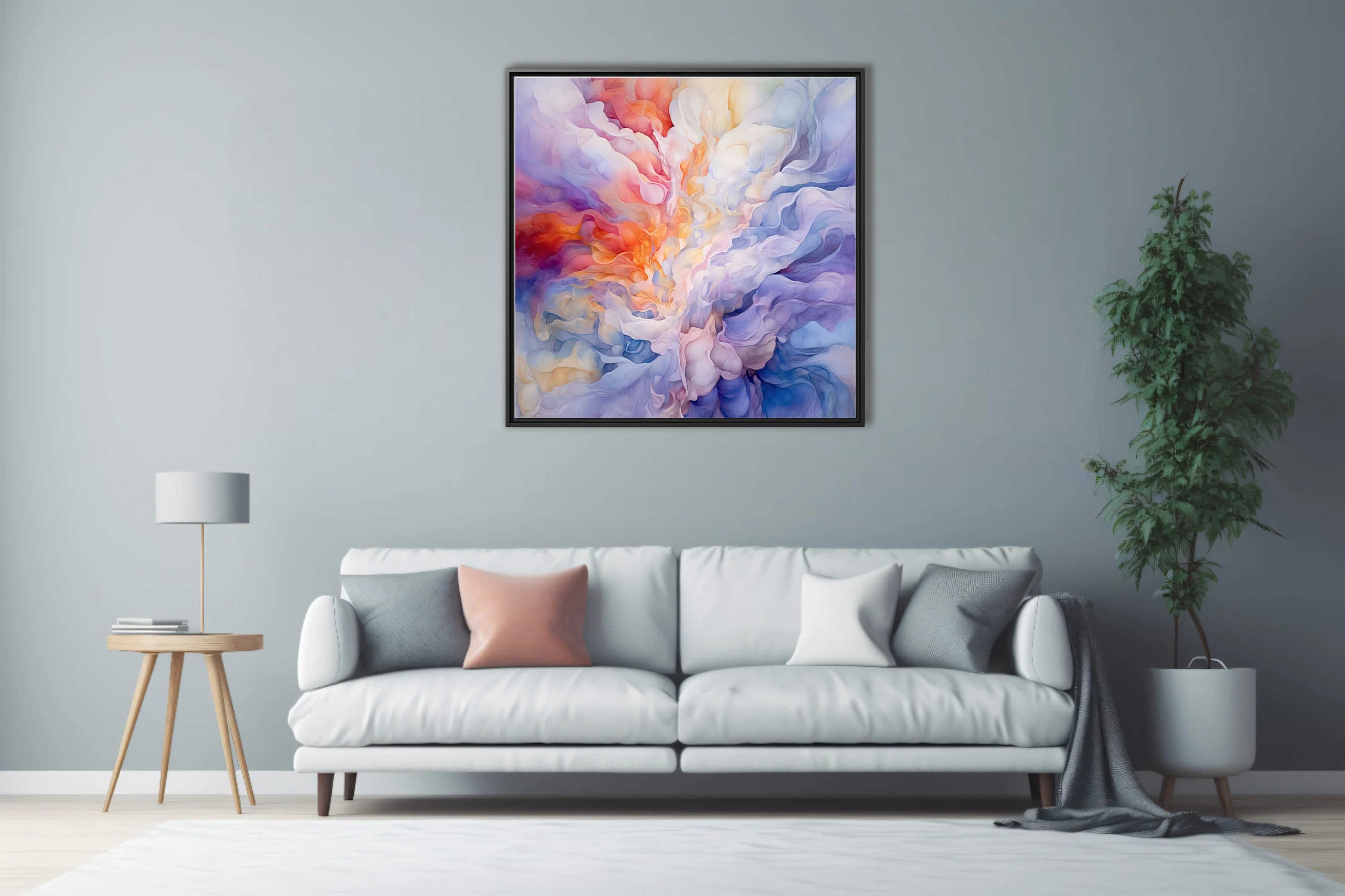Abstract swirling smoke in pastel coral, lavender and blue, contemporary watercolor-style wall art