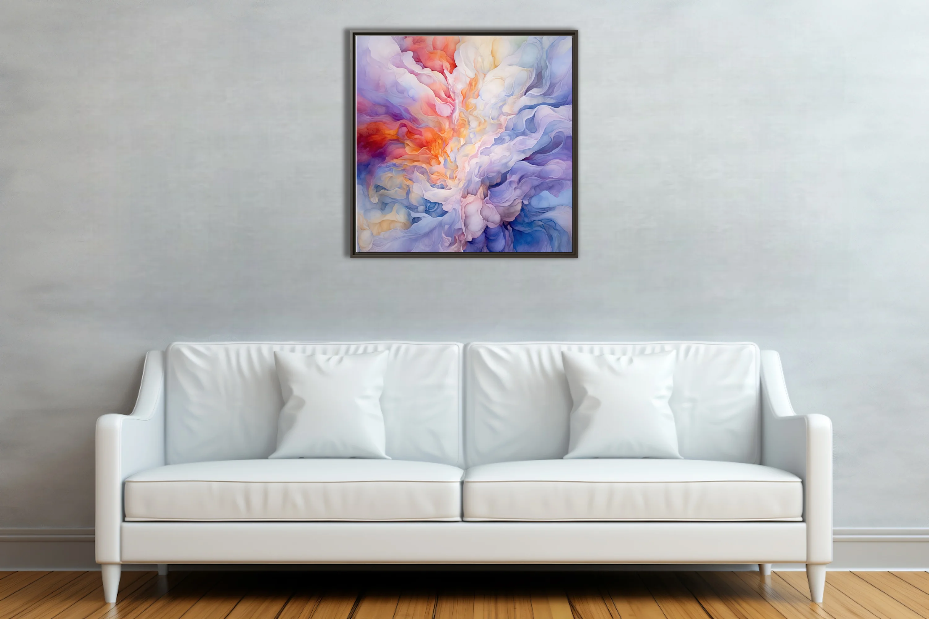 Abstract swirling smoke in pastel coral, lavender and blue, contemporary watercolor-style wall art