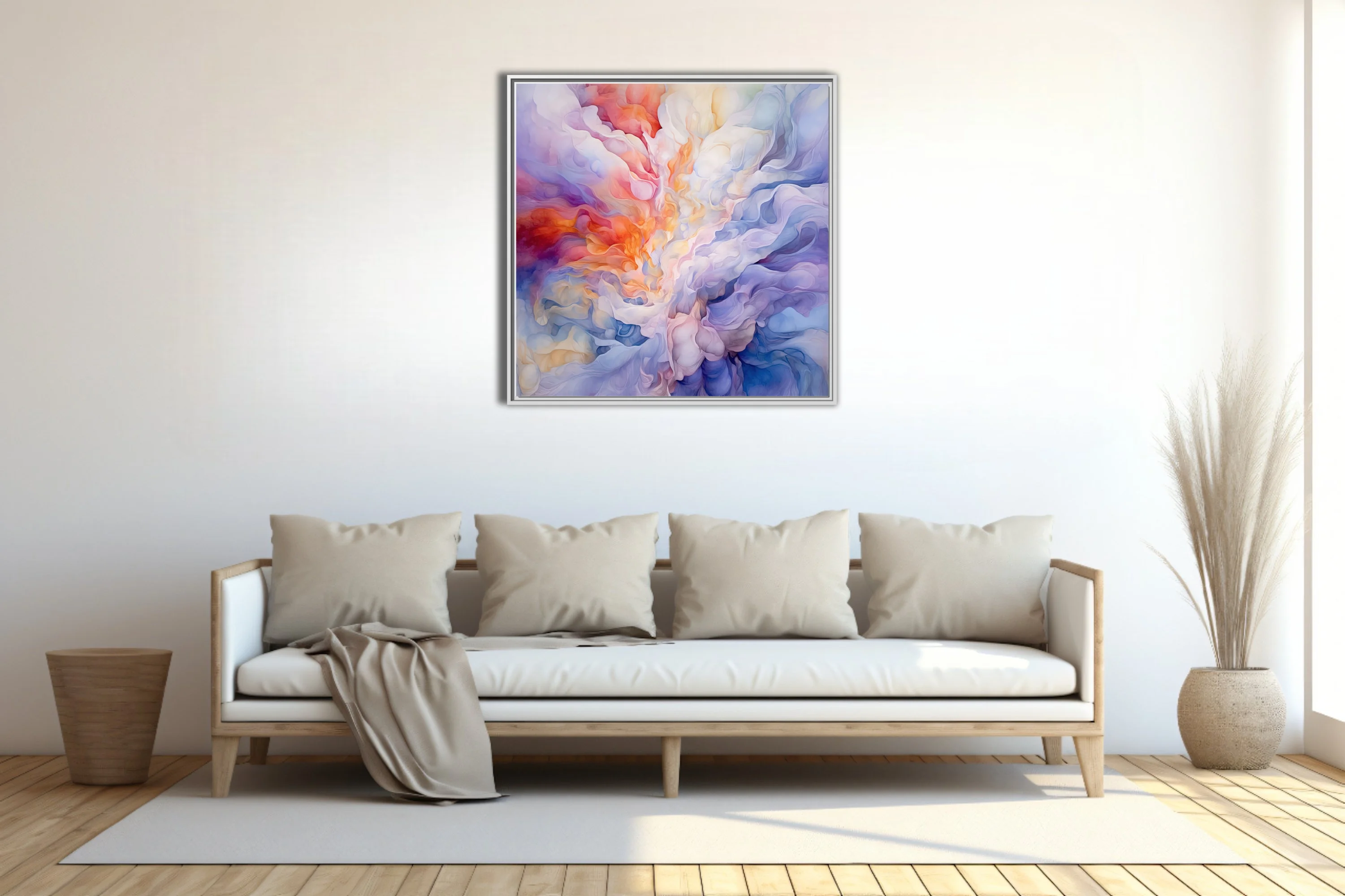 Abstract swirling smoke in pastel coral, lavender and blue, contemporary watercolor-style wall art