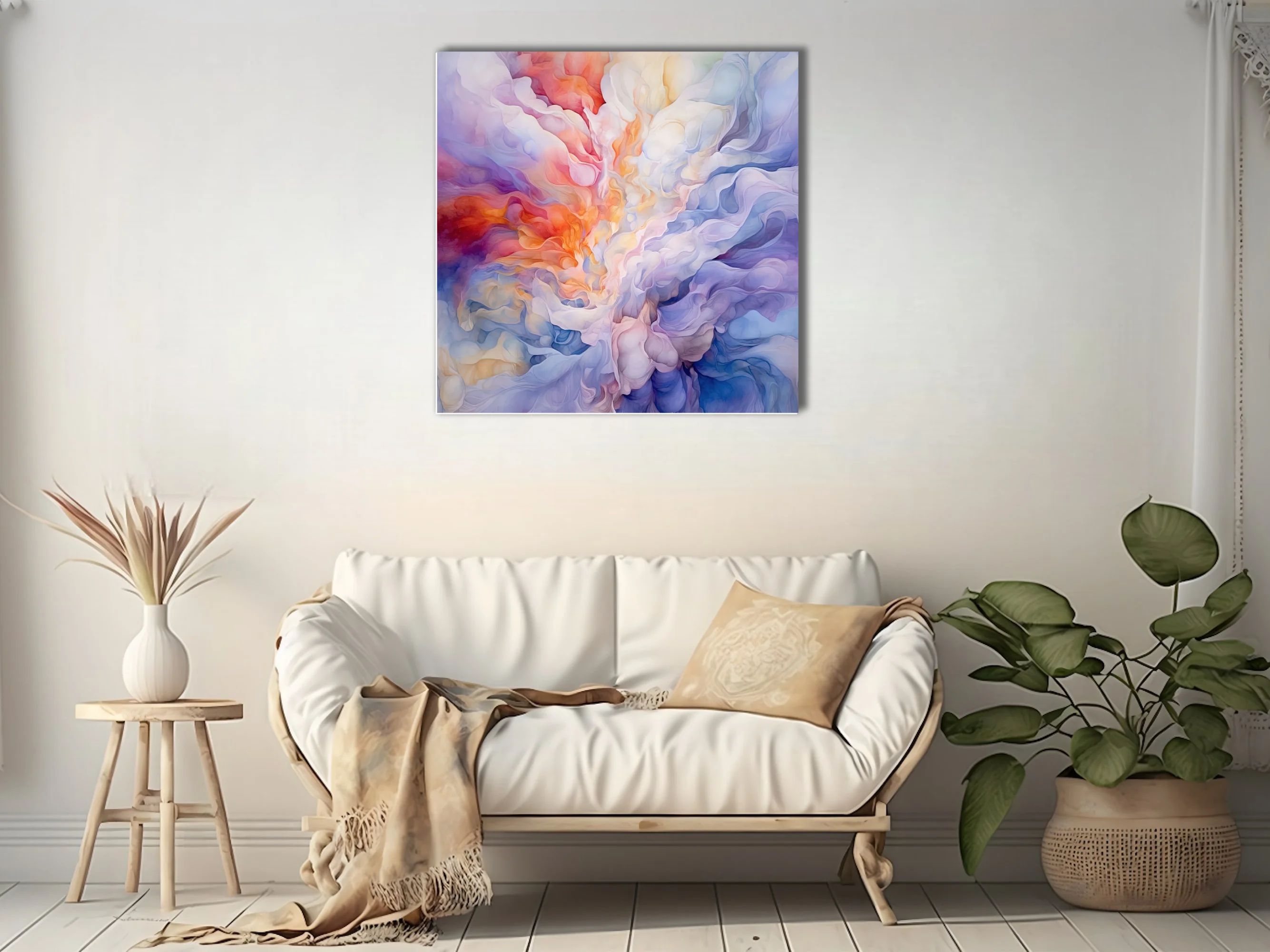 Abstract swirling smoke in pastel coral, lavender and blue, contemporary watercolor-style wall art