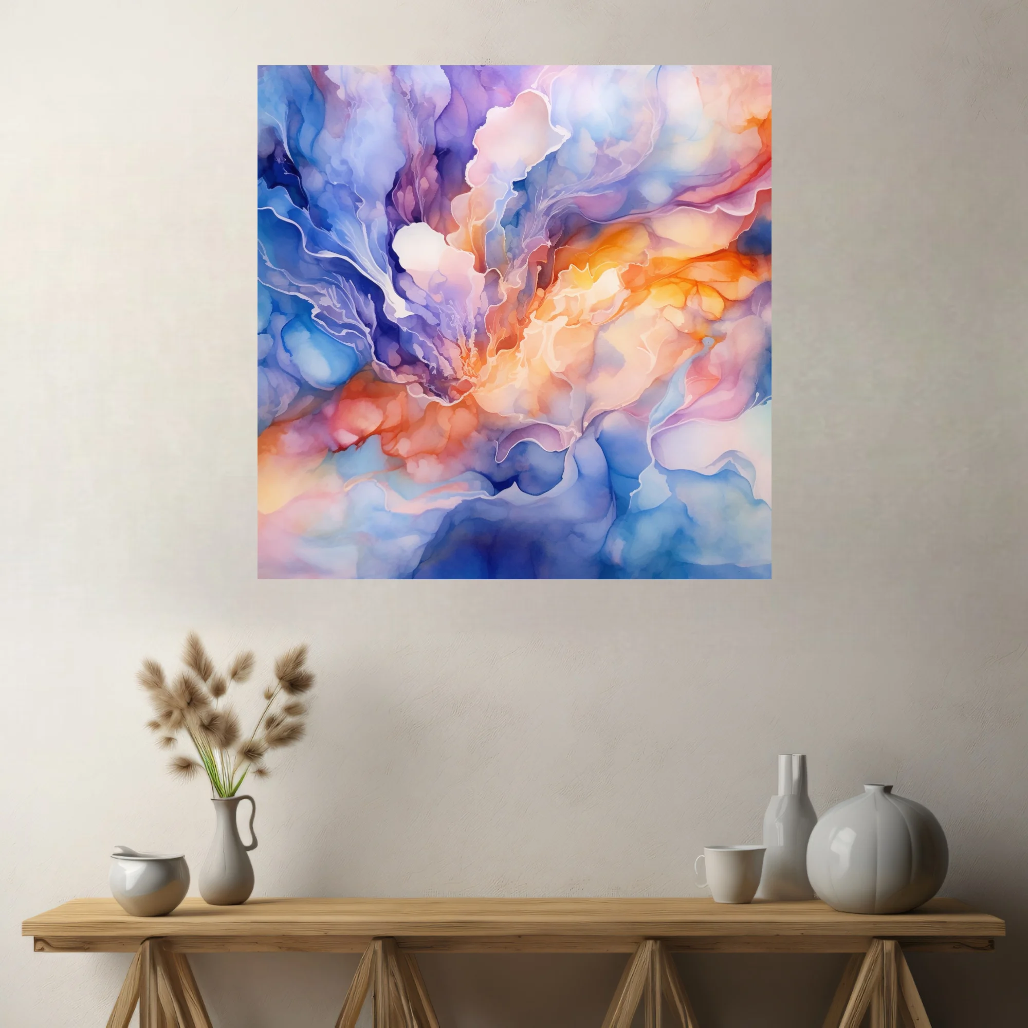 Watercolor-style abstract fluid art in orange, gold, blue, and lavender tones