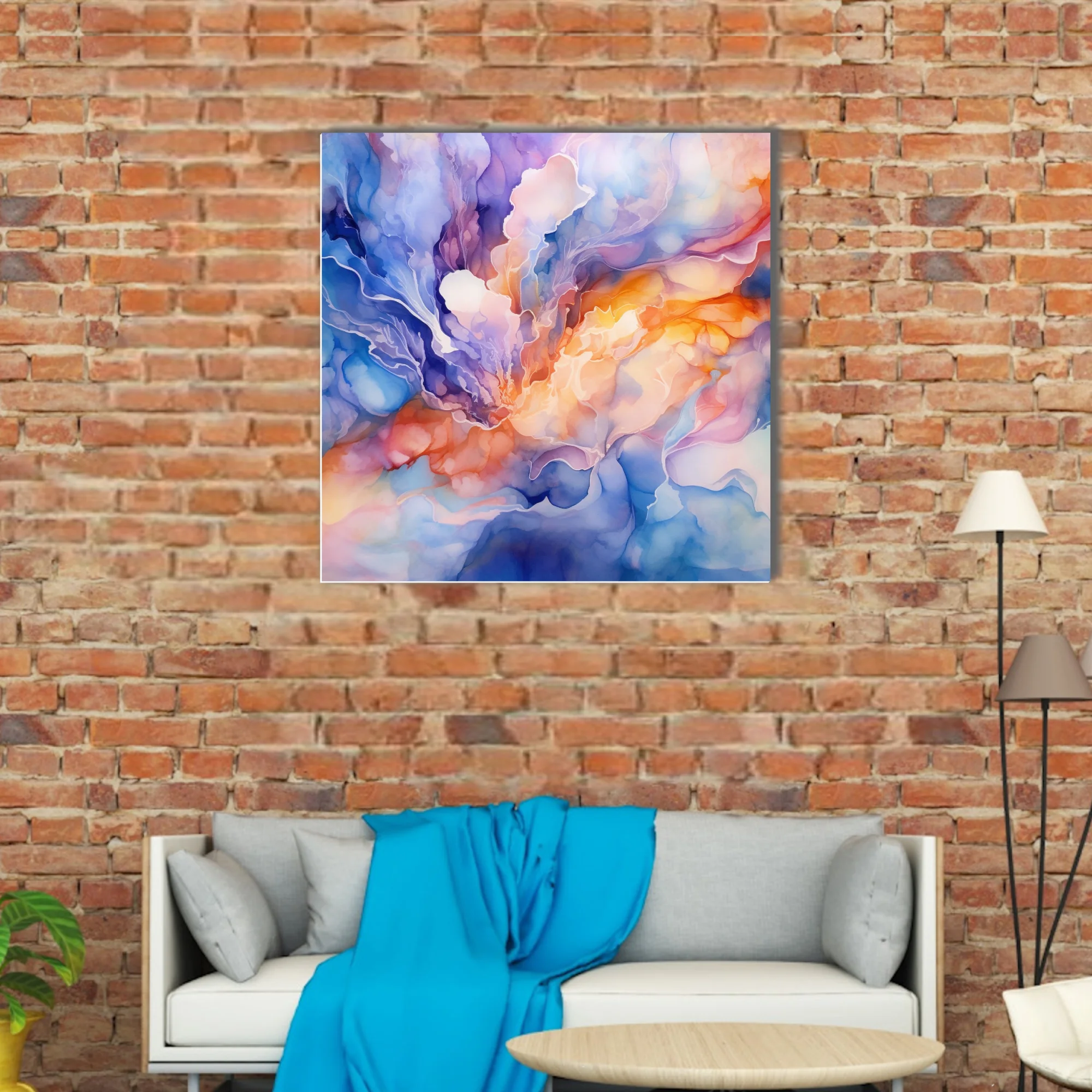 Watercolor-style abstract fluid art in orange, gold, blue, and lavender tones