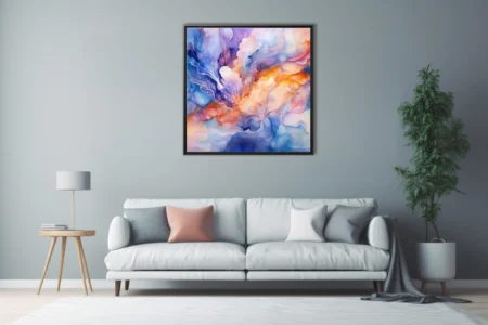 Watercolor-style abstract fluid art in orange, gold, blue, and lavender tones