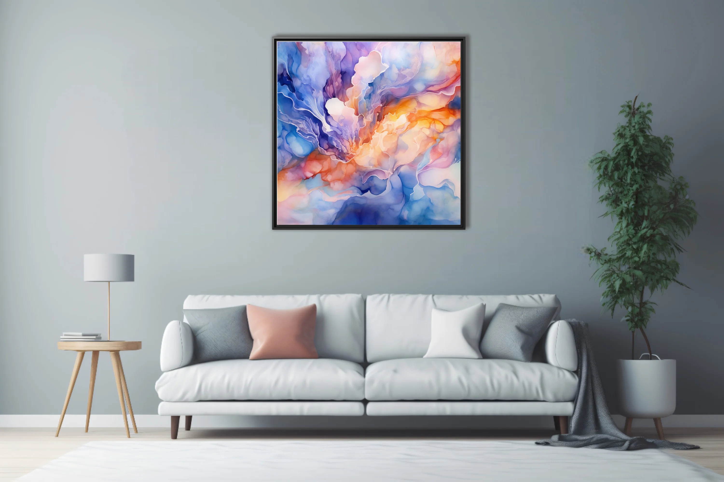 Watercolor-style abstract fluid art in orange, gold, blue, and lavender tones