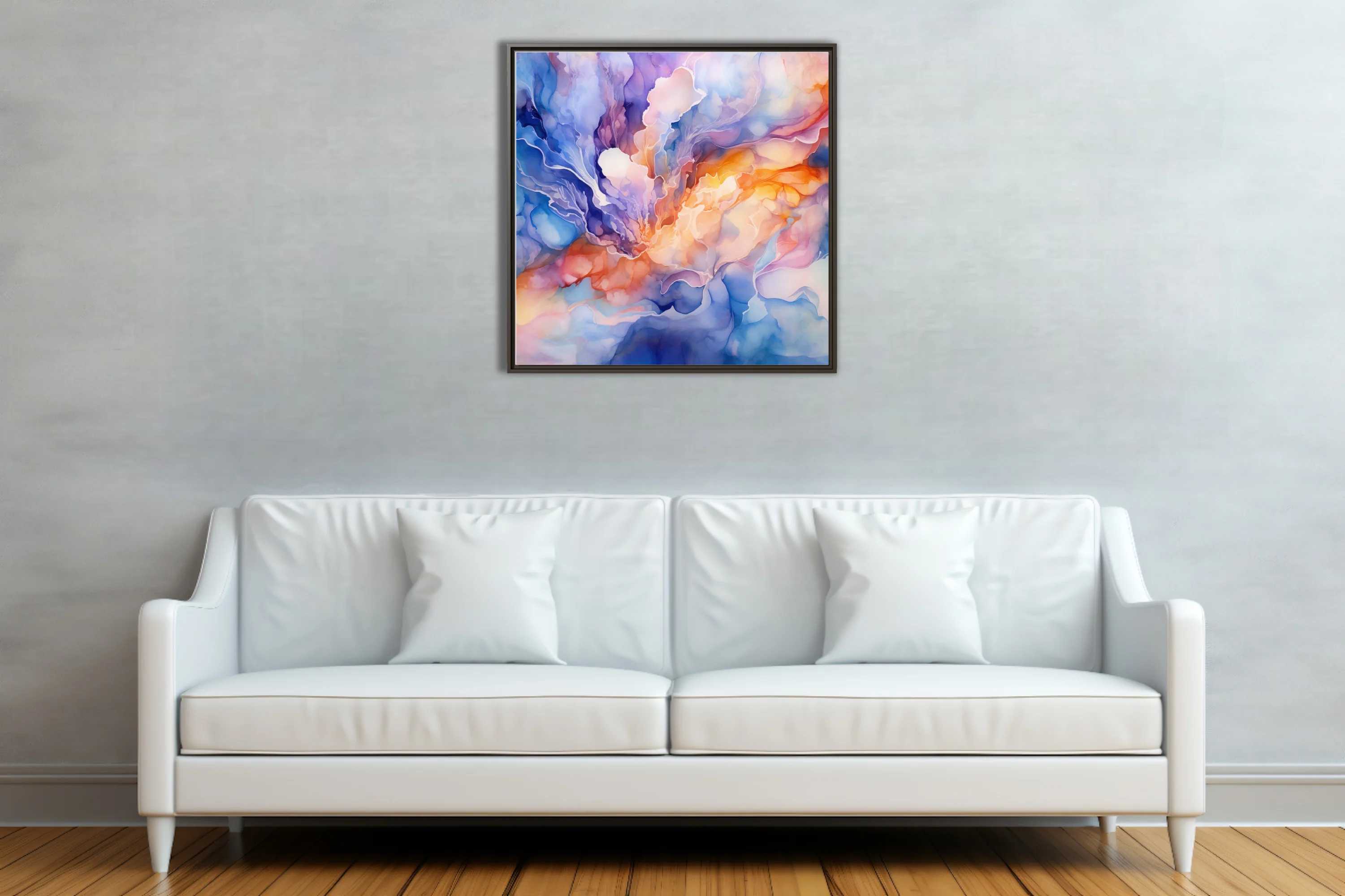 Watercolor-style abstract fluid art in orange, gold, blue, and lavender tones