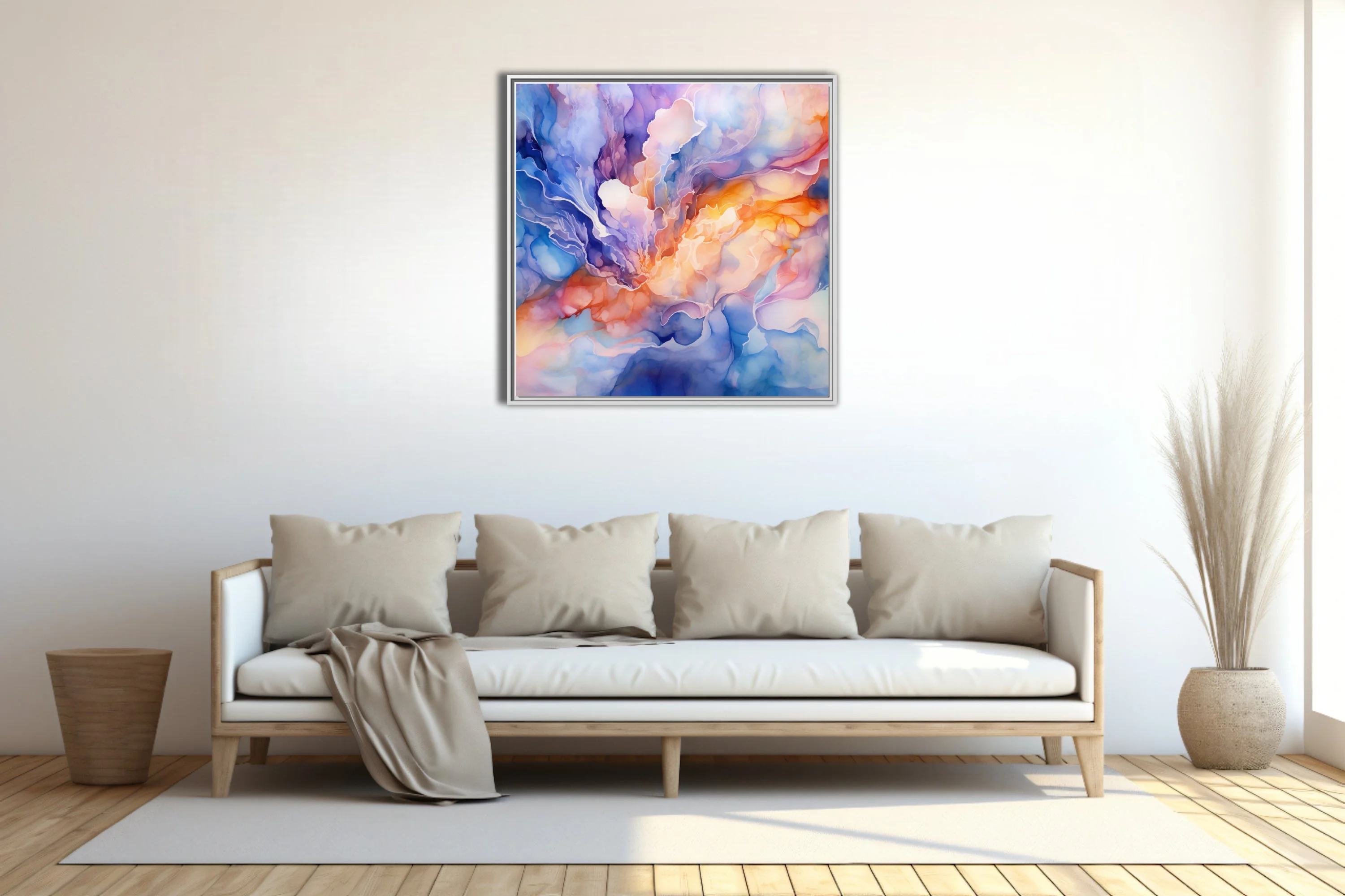 Watercolor-style abstract fluid art in orange, gold, blue, and lavender tones