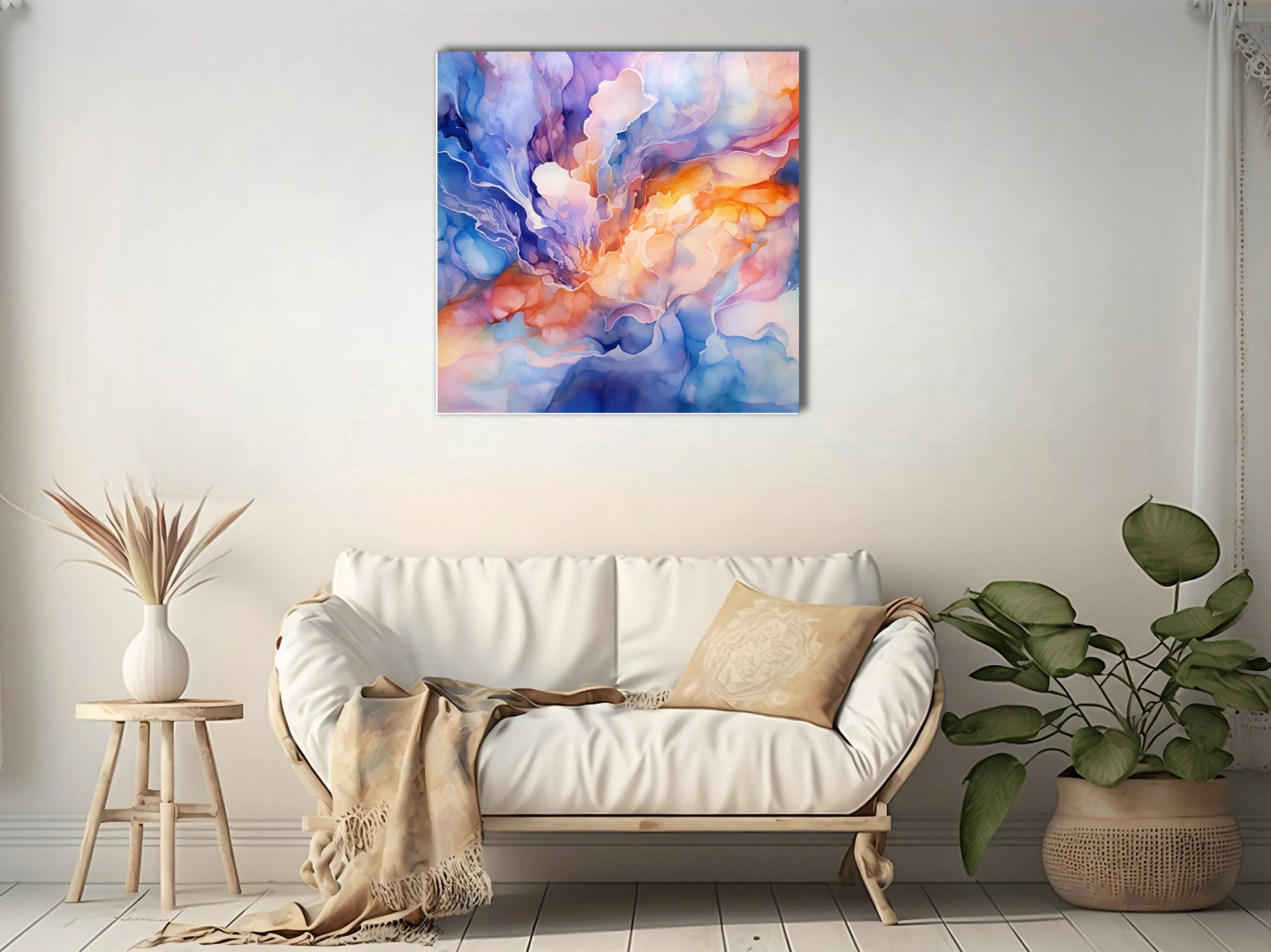 Watercolor-style abstract fluid art in orange, gold, blue, and lavender tones