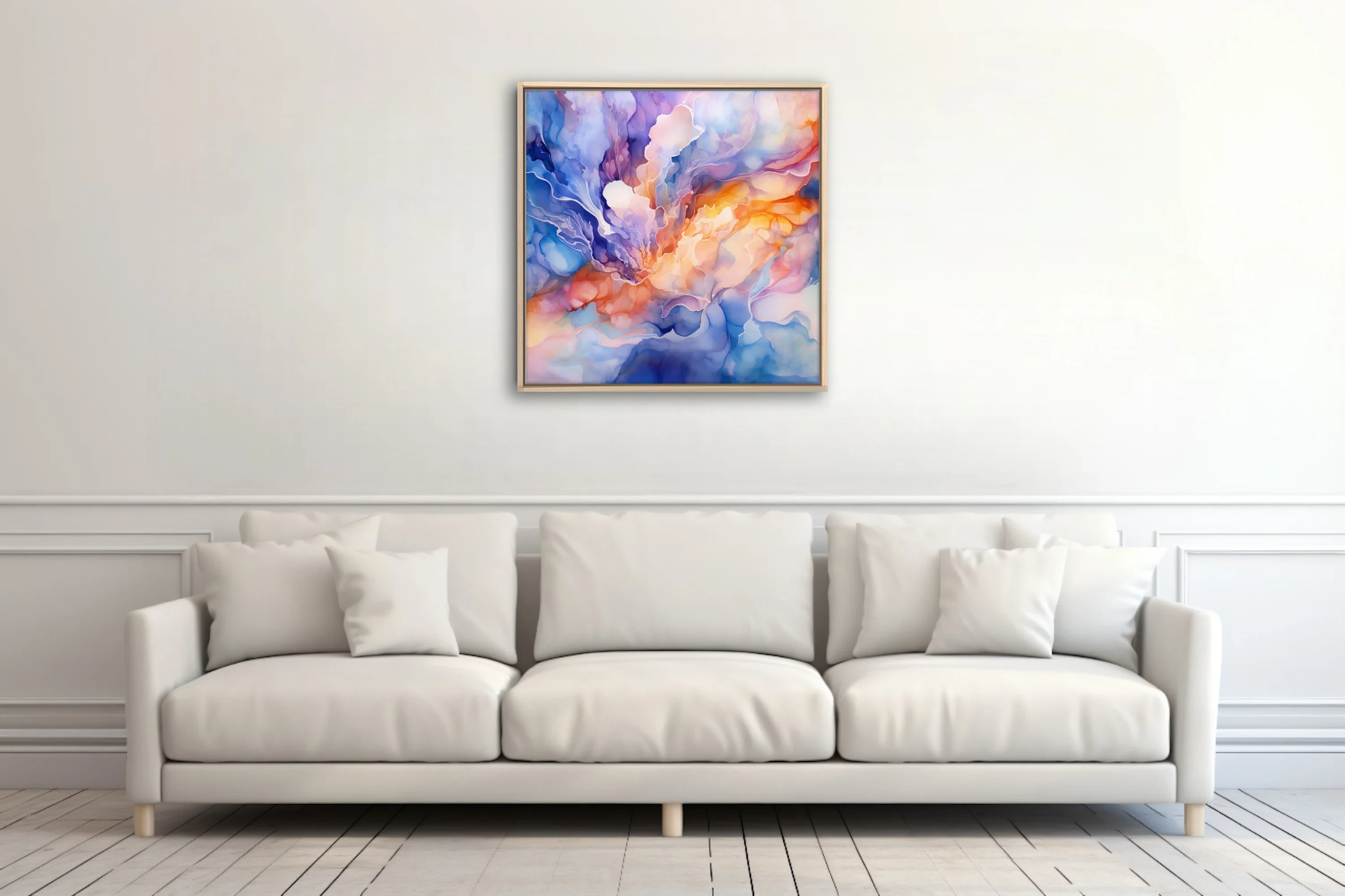 Watercolor-style abstract fluid art in orange, gold, blue, and lavender tones