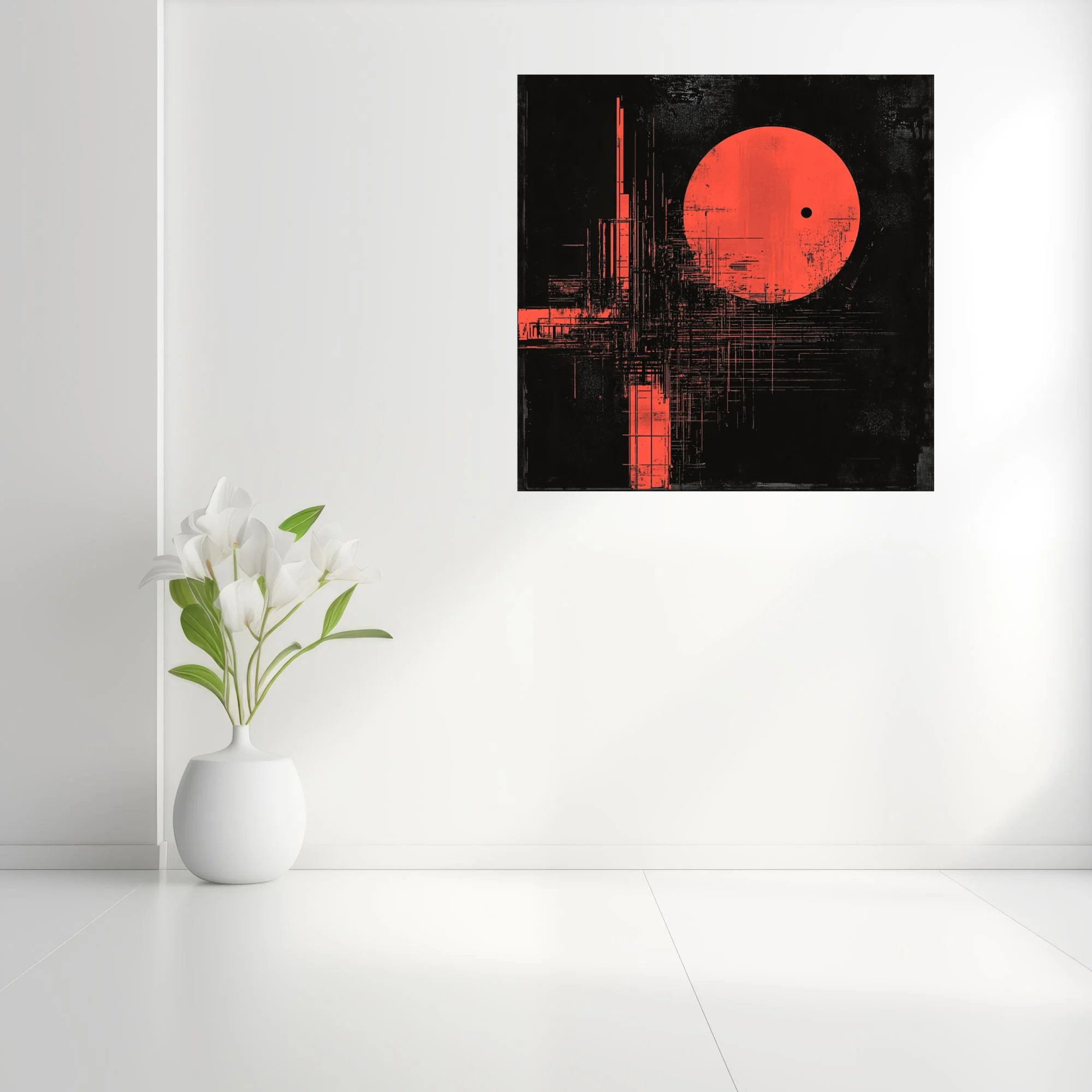 Red geometric abstract with textured distortion and luminous orb on black background
