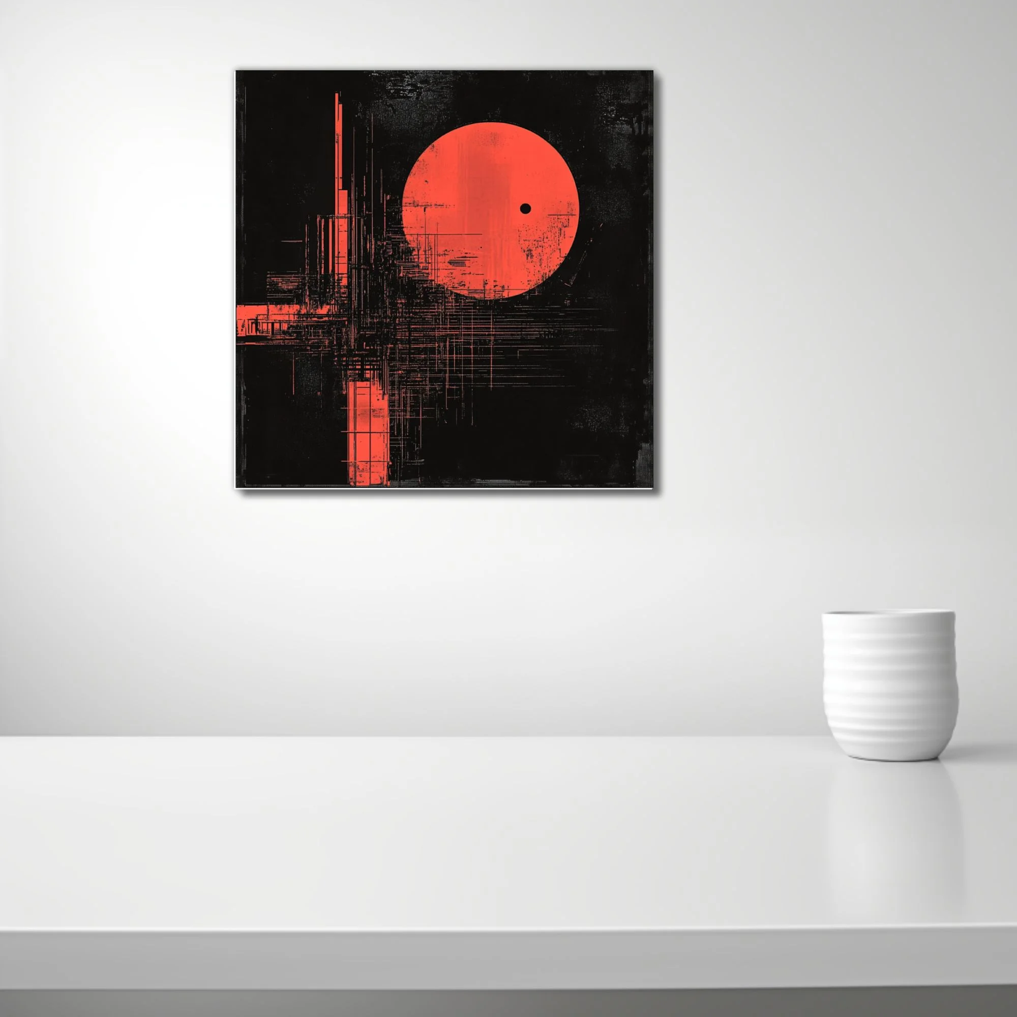 Red geometric abstract with textured distortion and luminous orb on black background