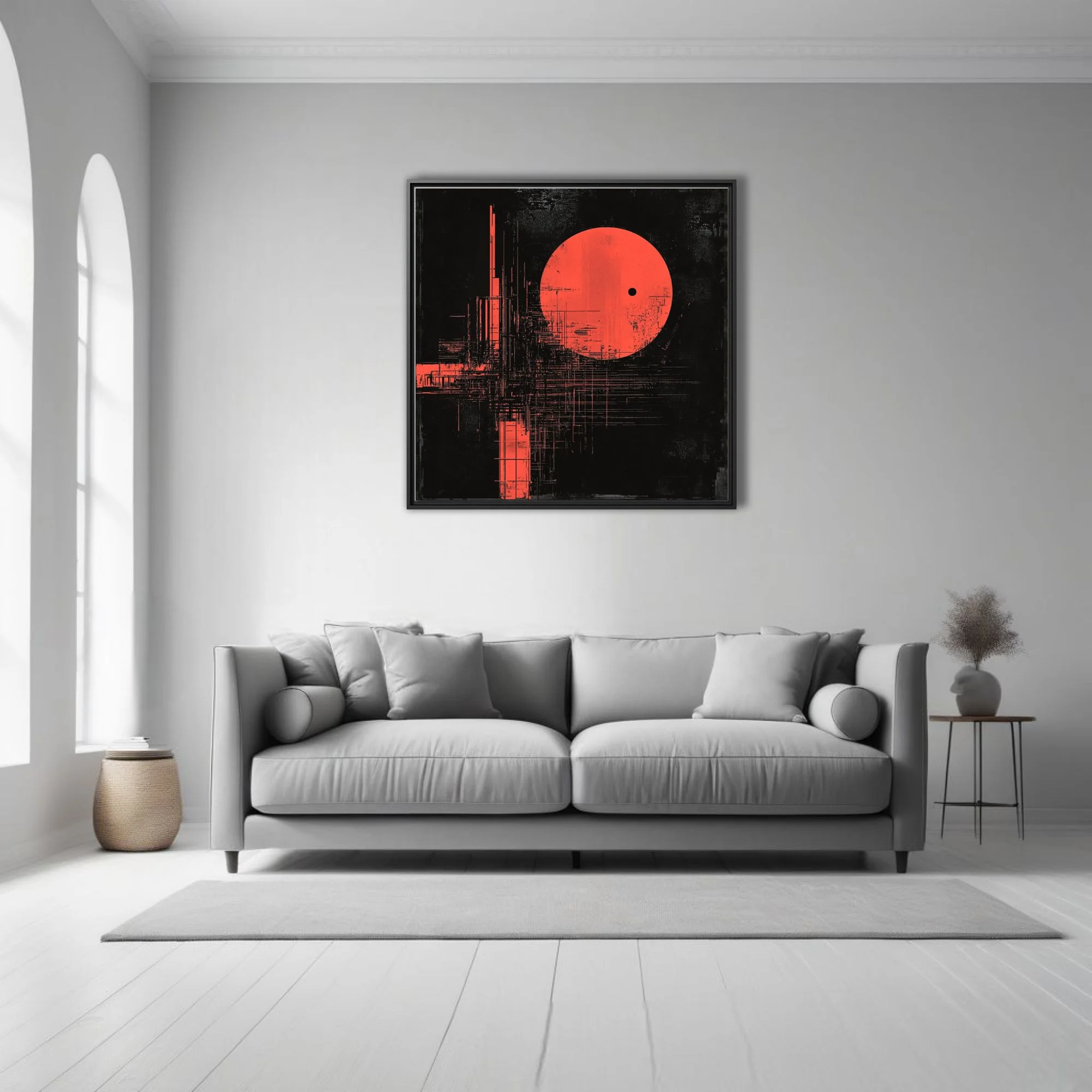 Red geometric abstract with textured distortion and luminous orb on black background
