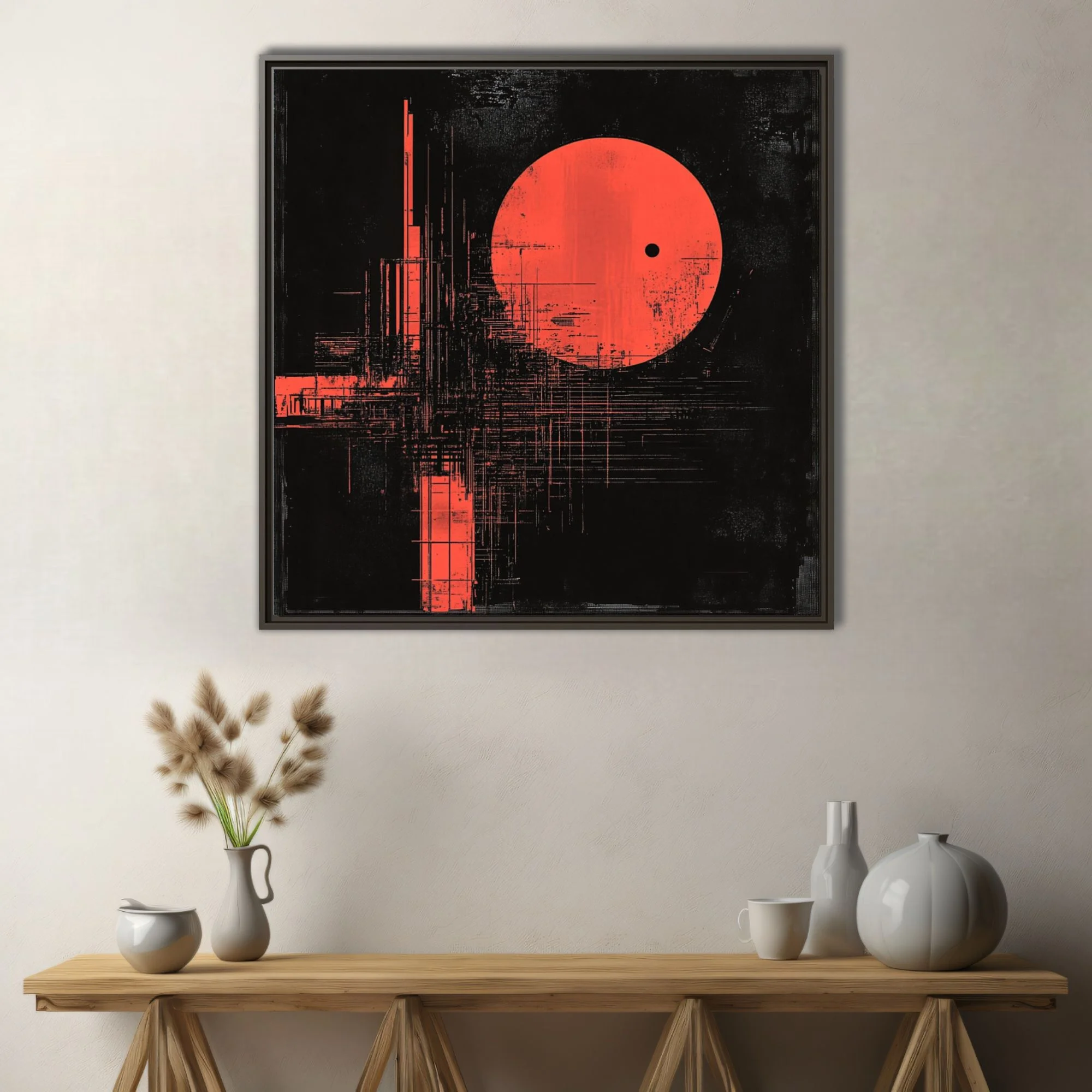 Red geometric abstract with textured distortion and luminous orb on black background