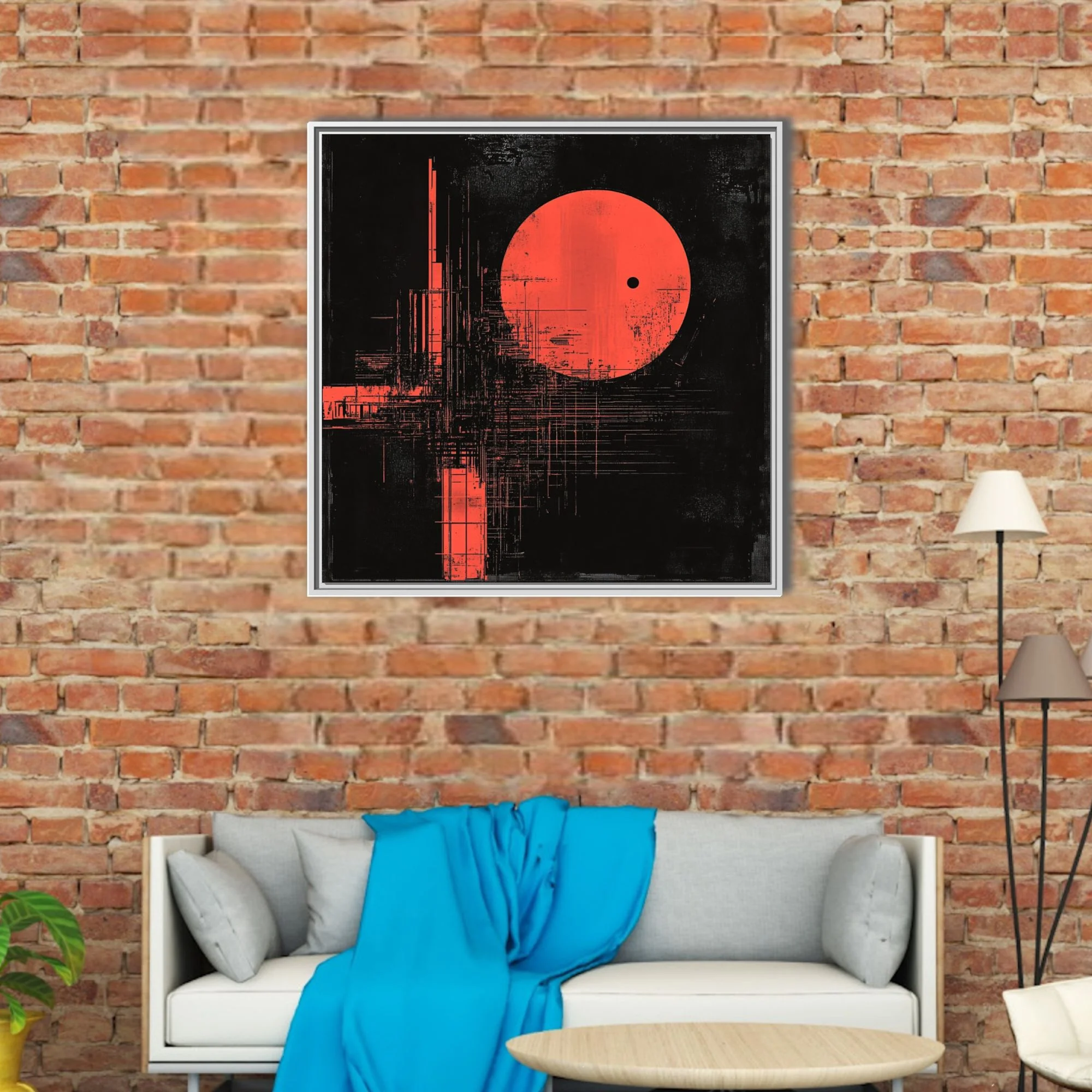 Red geometric abstract with textured distortion and luminous orb on black background