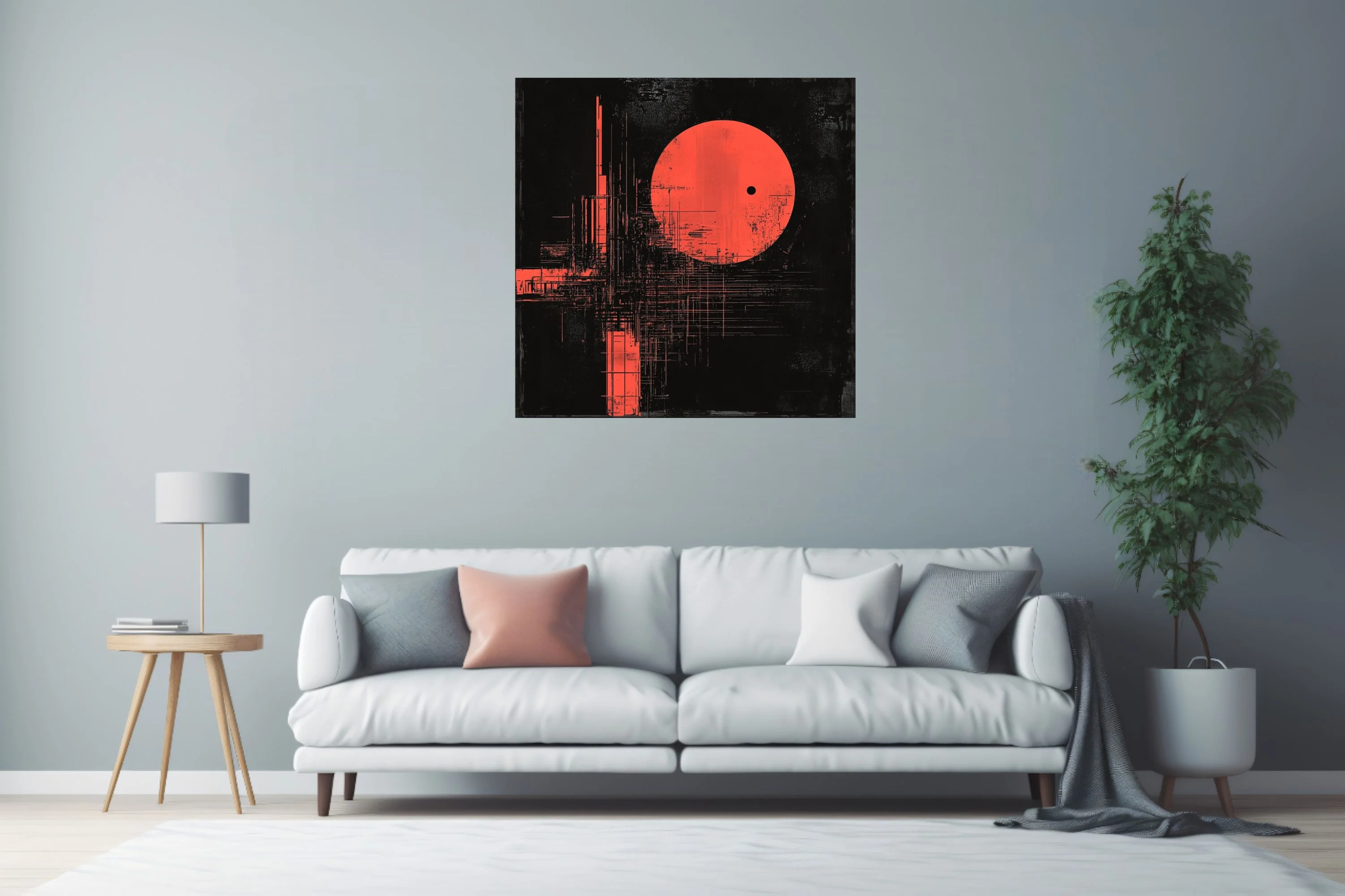 Red geometric abstract with textured distortion and luminous orb on black background