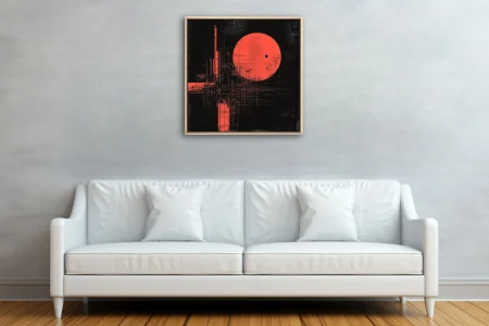 Red geometric abstract with textured distortion and luminous orb on black background