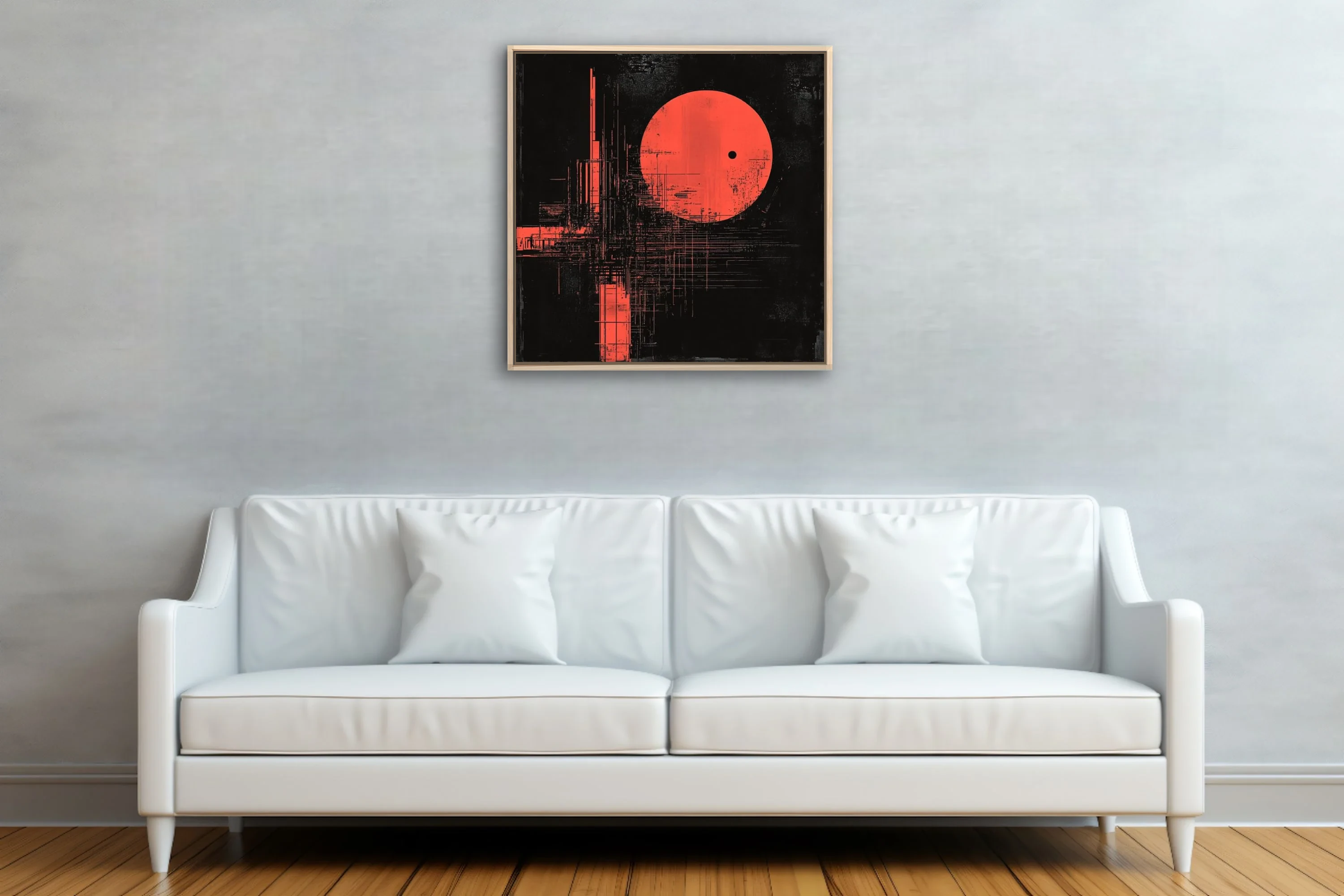 Red geometric abstract with textured distortion and luminous orb on black background
