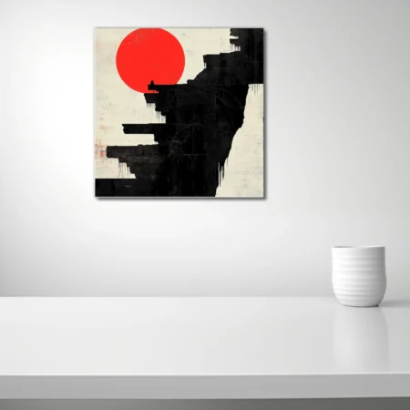 Abstract art — red sun over black fractured architecture, stark monochrome