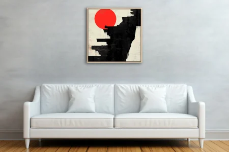 Abstract art — red sun over black fractured architecture, stark monochrome