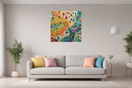 Bold colorful abstract swirl with circular dots and layered strokes in rainbow palette