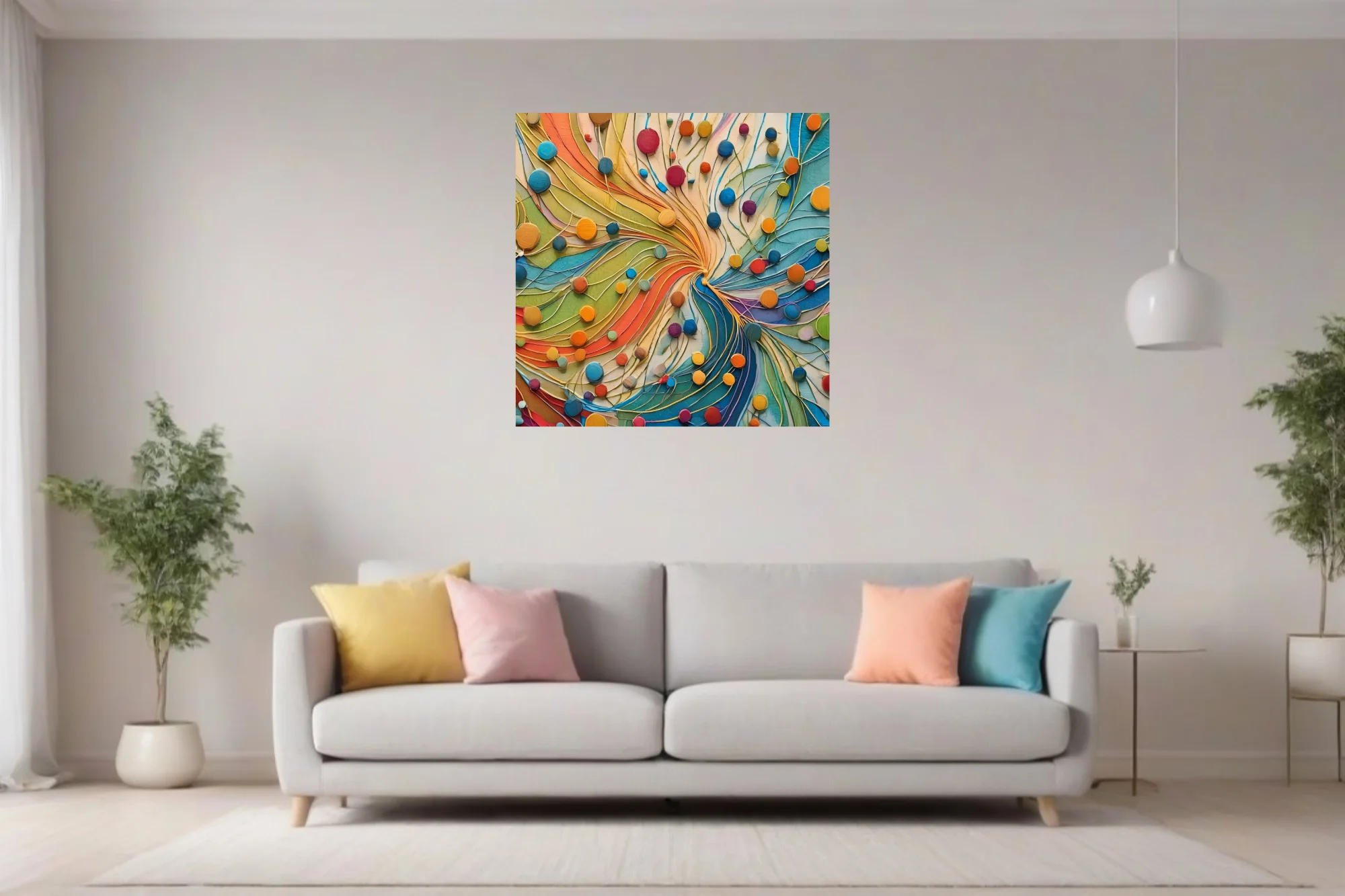 Bold colorful abstract swirl with circular dots and layered strokes in rainbow palette